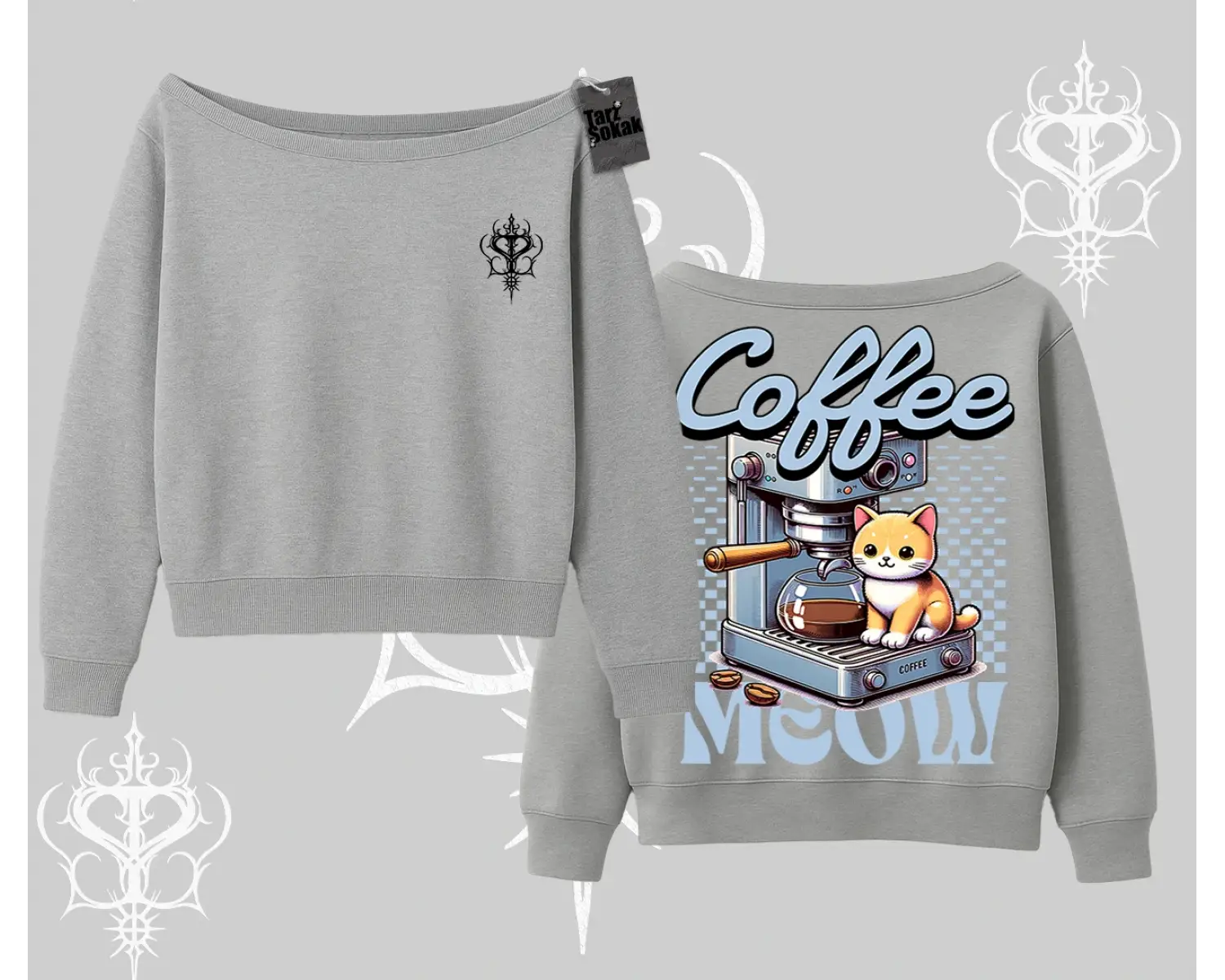 Coffee Meow Kahve Temalı Kedi Arka Baskılı Kayık Yaka Sweatshirt