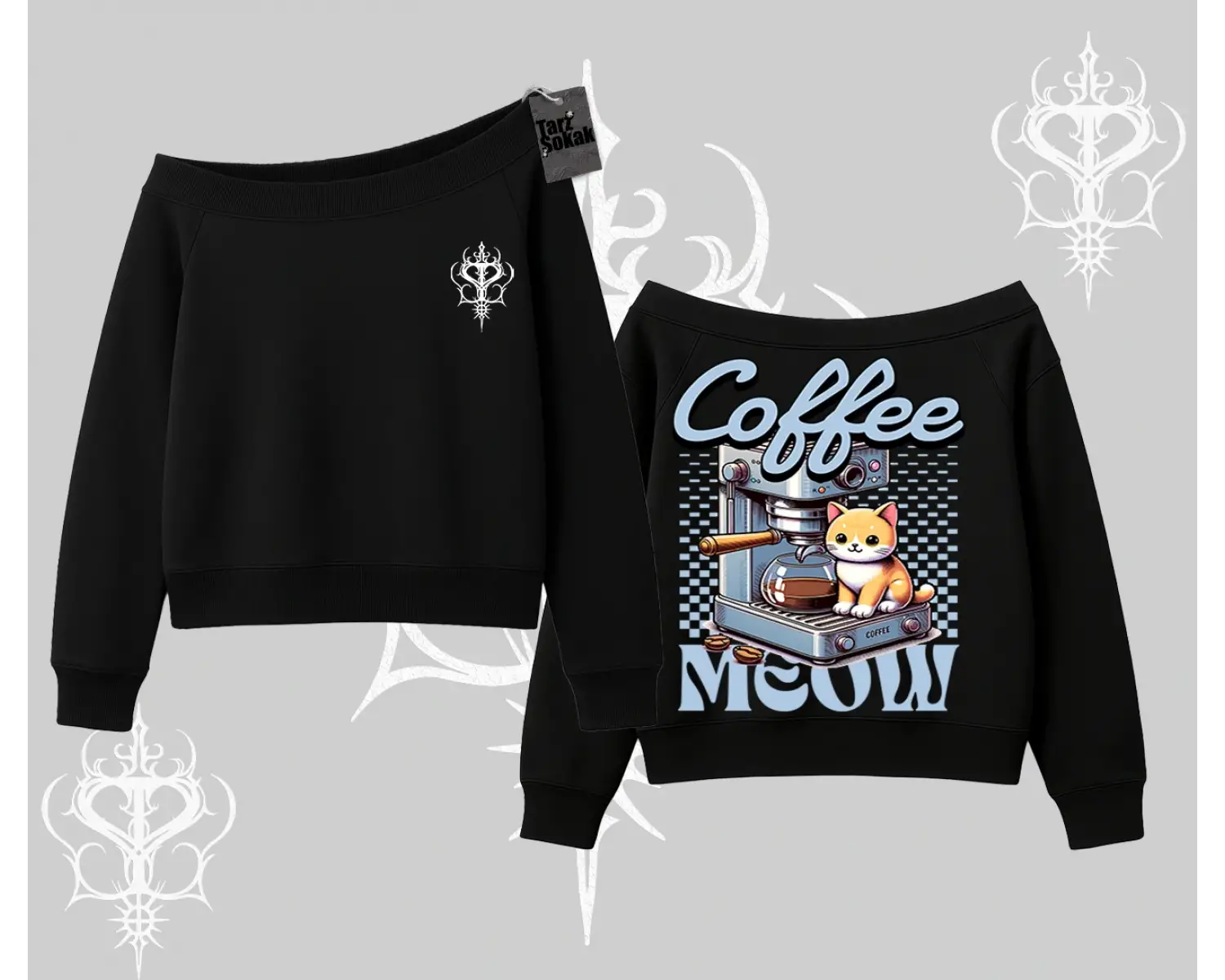 Coffee Meow Kahve Temalı Kedi Arka Baskılı Kayık Yaka Sweatshirt
