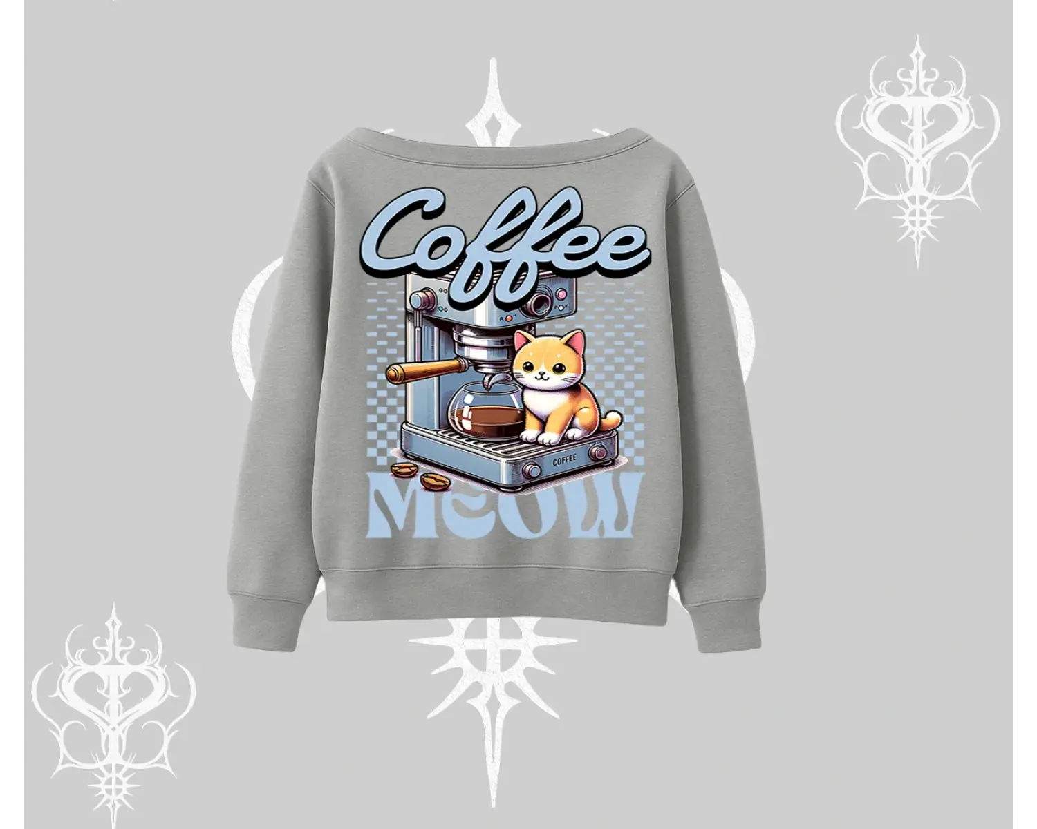 Coffee Meow Kahve Temalı Kedi Arka Baskılı Kayık Yaka Sweatshirt