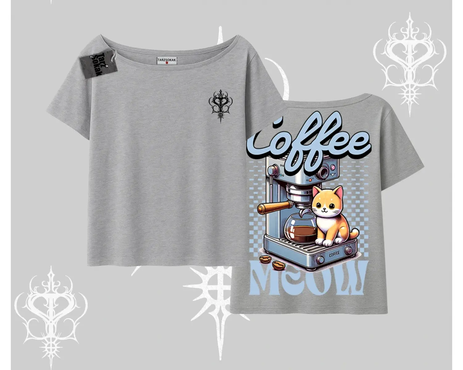 Coffee Meow Kahve Temalı Kedi Arka Baskılı Kayık Yaka Tshirt