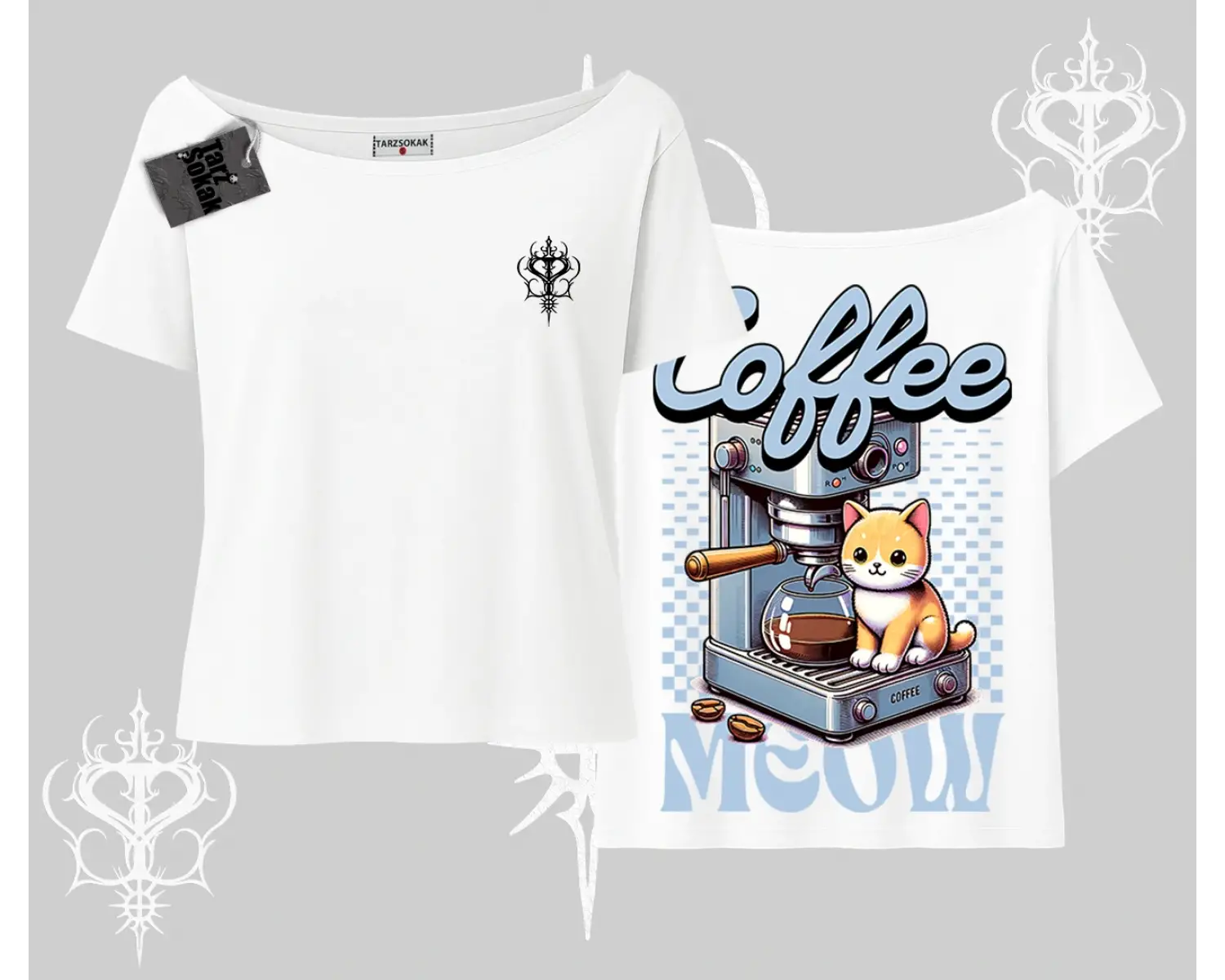 Coffee Meow Kahve Temalı Kedi Arka Baskılı Kayık Yaka Tshirt