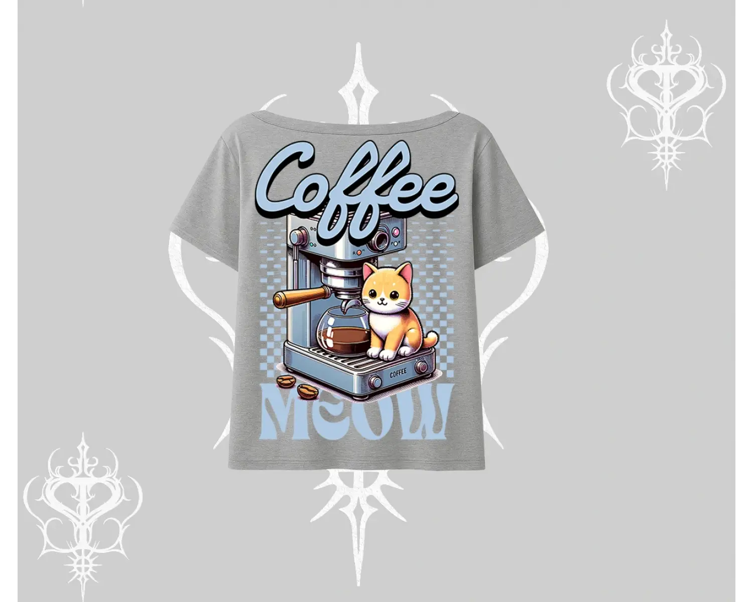 Coffee Meow Kahve Temalı Kedi Arka Baskılı Kayık Yaka Tshirt