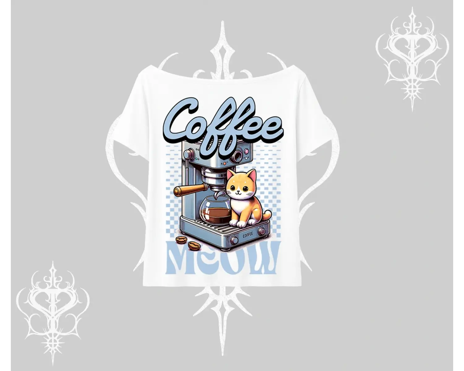 Coffee Meow Kahve Temalı Kedi Arka Baskılı Kayık Yaka Tshirt