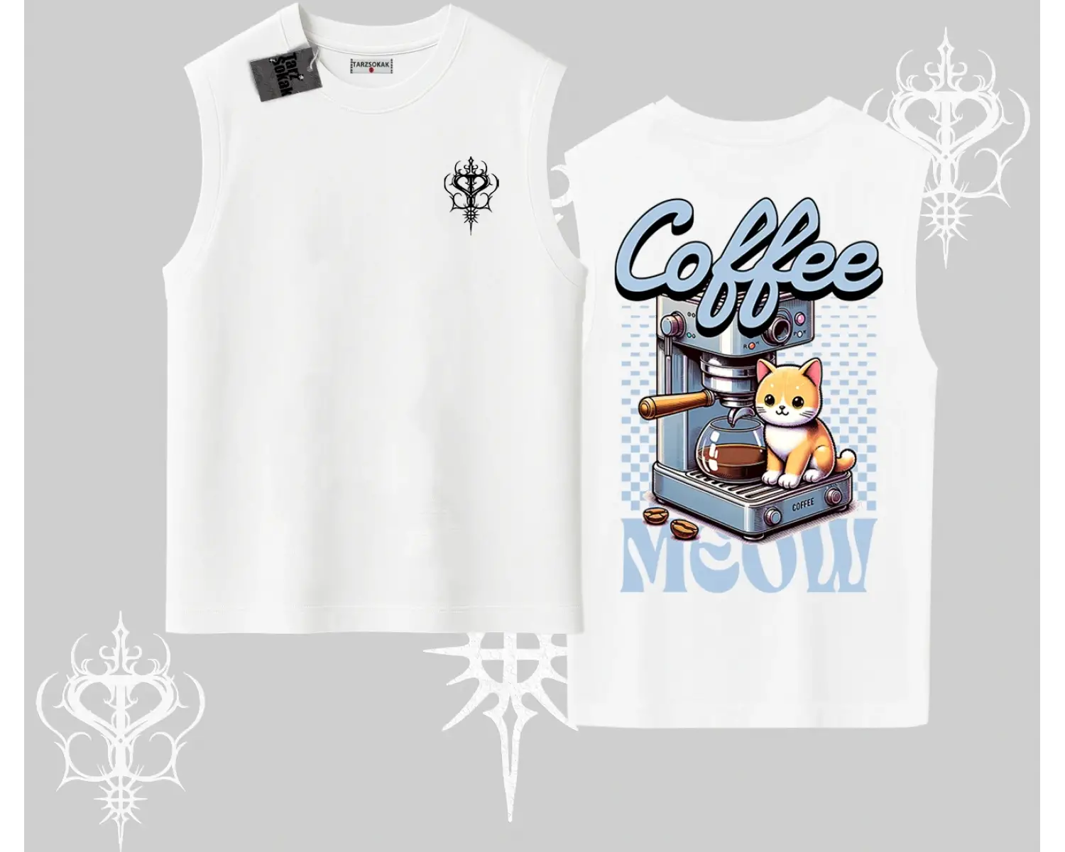 Coffee Meow Kahve Temalı Kedi Arka Baskılı Kolsuz Tshirt