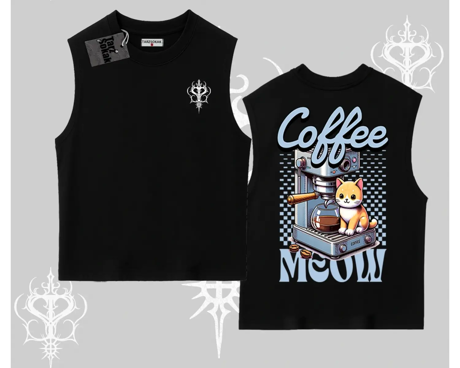 Coffee Meow Kahve Temalı Kedi Arka Baskılı Kolsuz Tshirt
