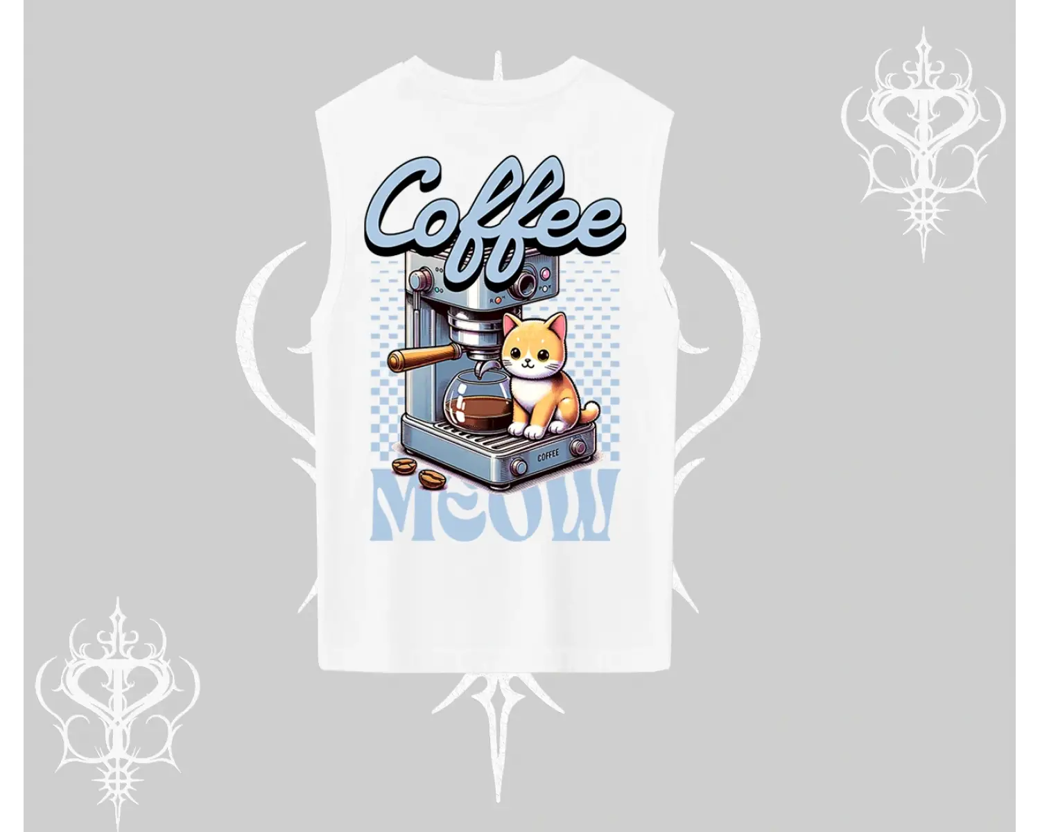 Coffee Meow Kahve Temalı Kedi Arka Baskılı Kolsuz Tshirt
