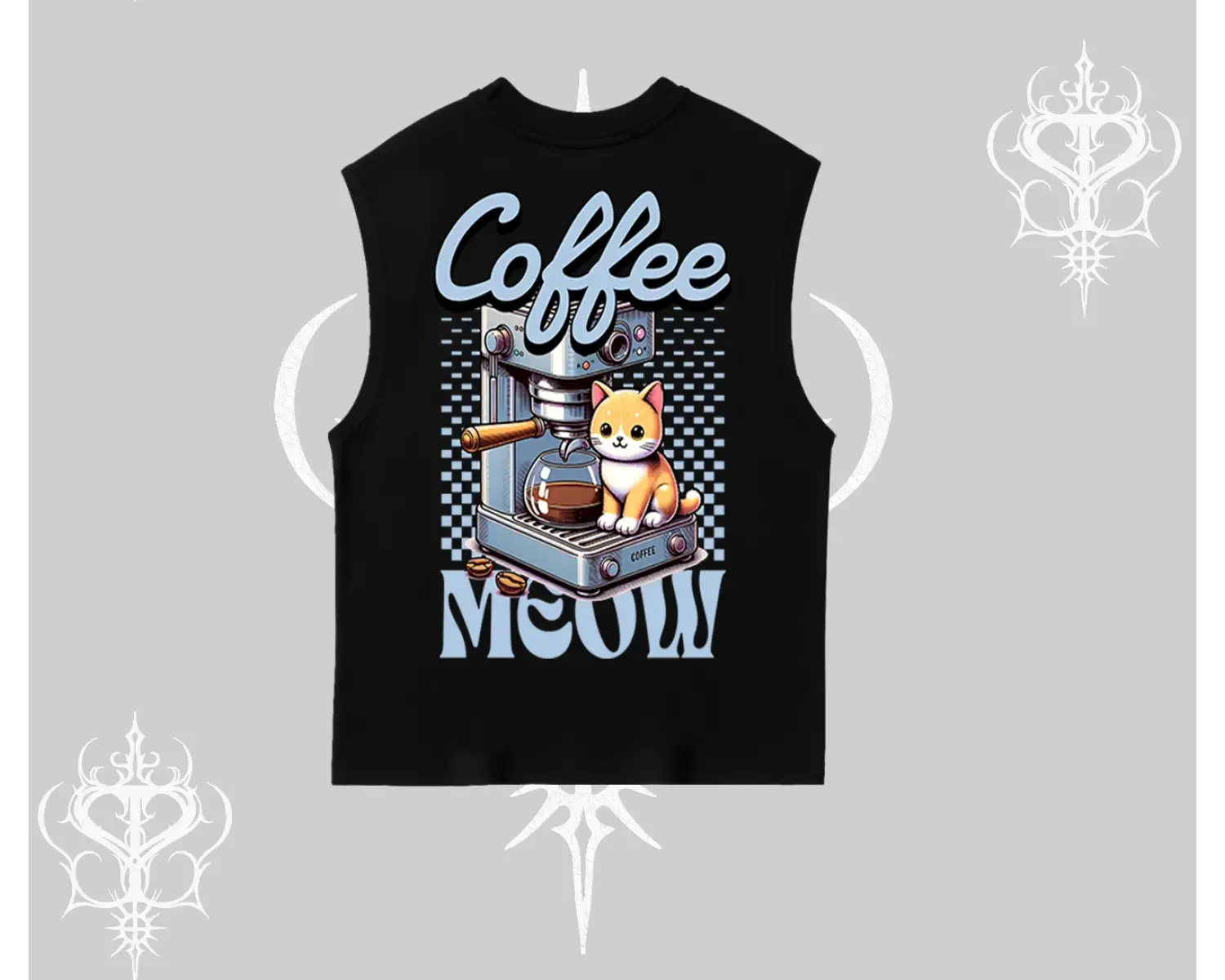 Coffee Meow Kahve Temalı Kedi Arka Baskılı Kolsuz Tshirt