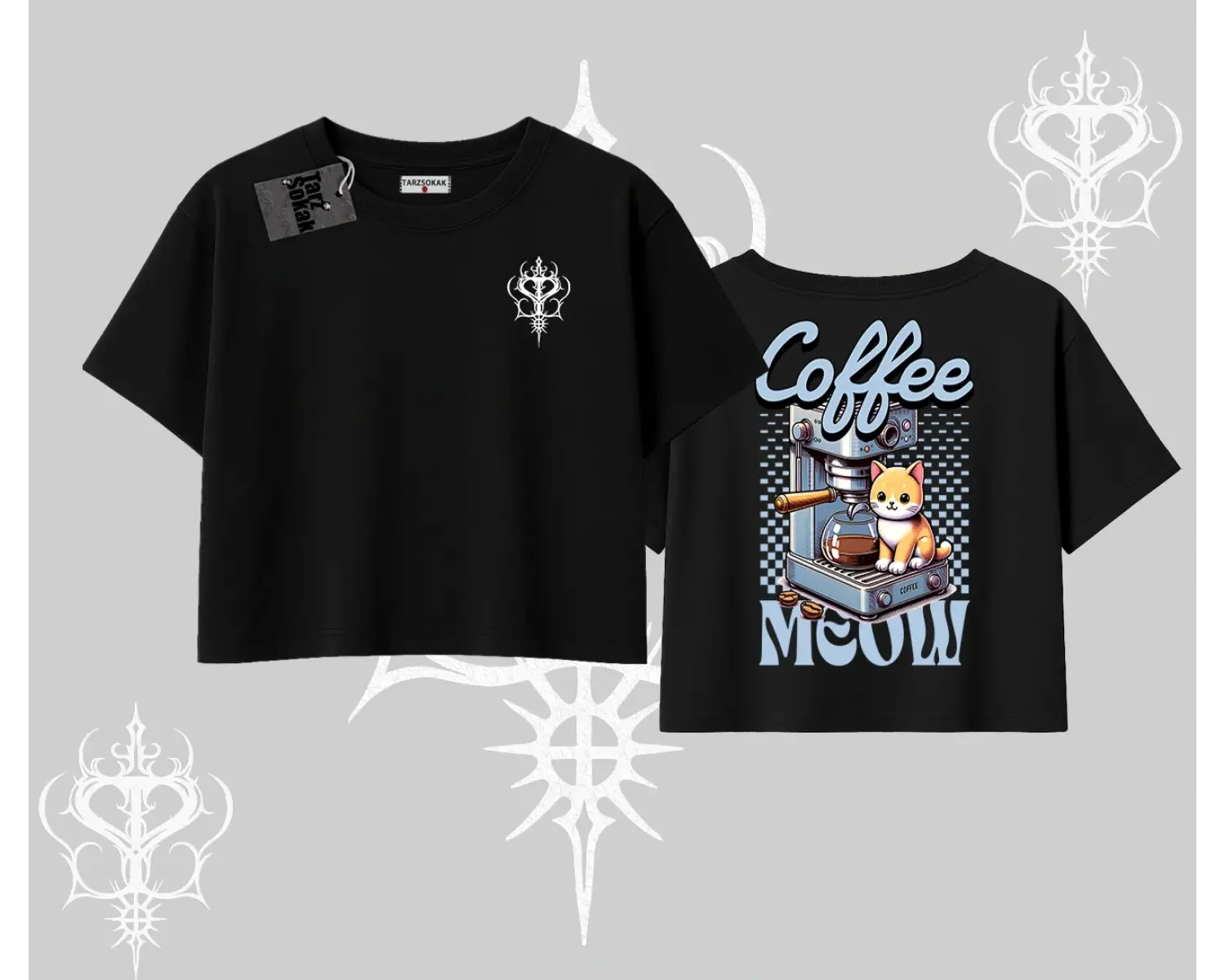 Coffee Meow Kahve Temalı Kedi Arka Baskılı Oversize Crop Tshirt