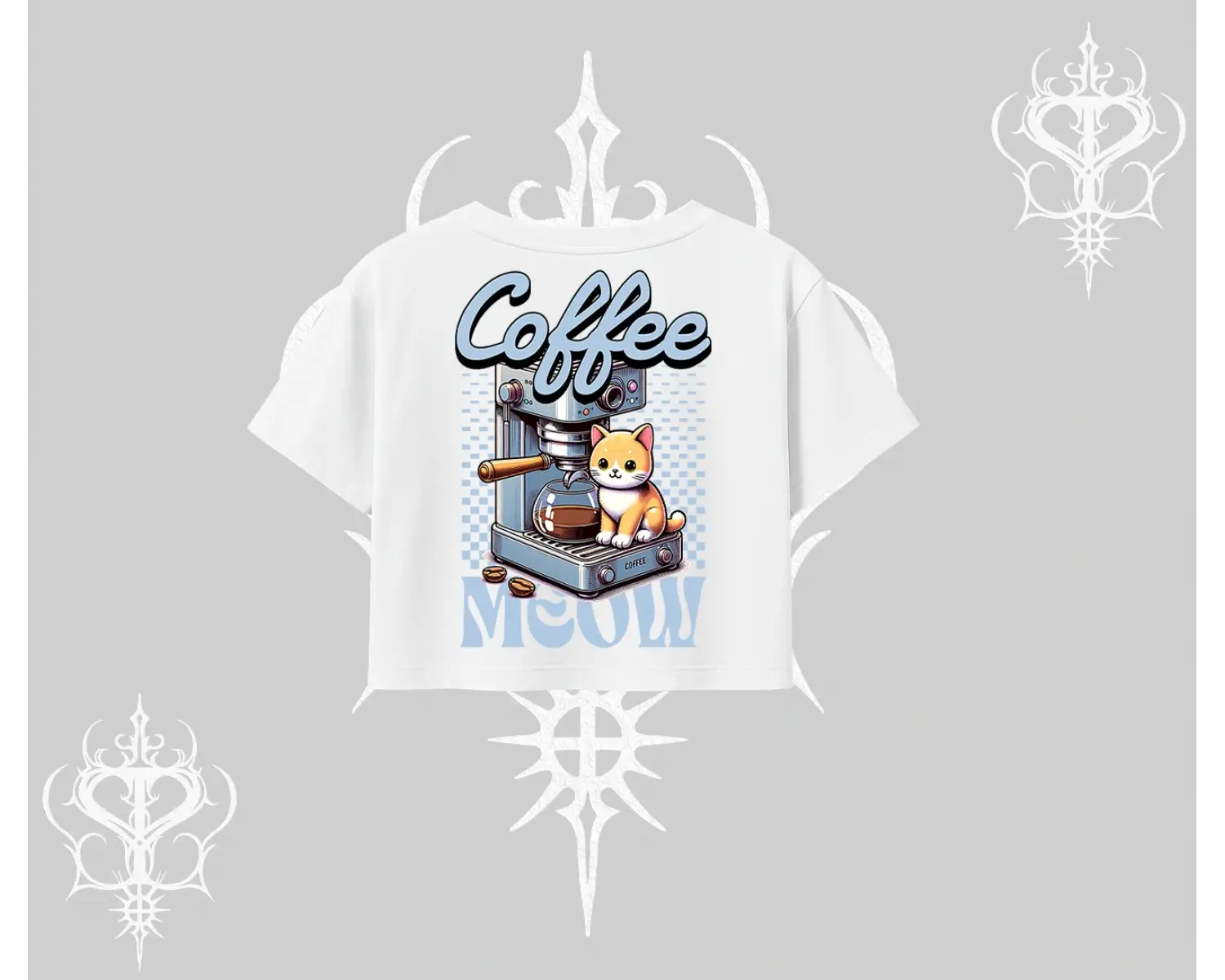 Coffee Meow Kahve Temalı Kedi Arka Baskılı Oversize Crop Tshirt