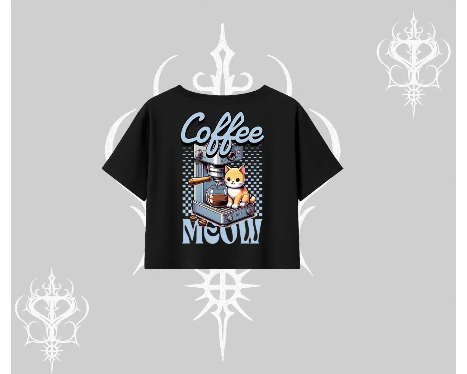 Coffee Meow Kahve Temalı Kedi Arka Baskılı Oversize Crop Tshirt