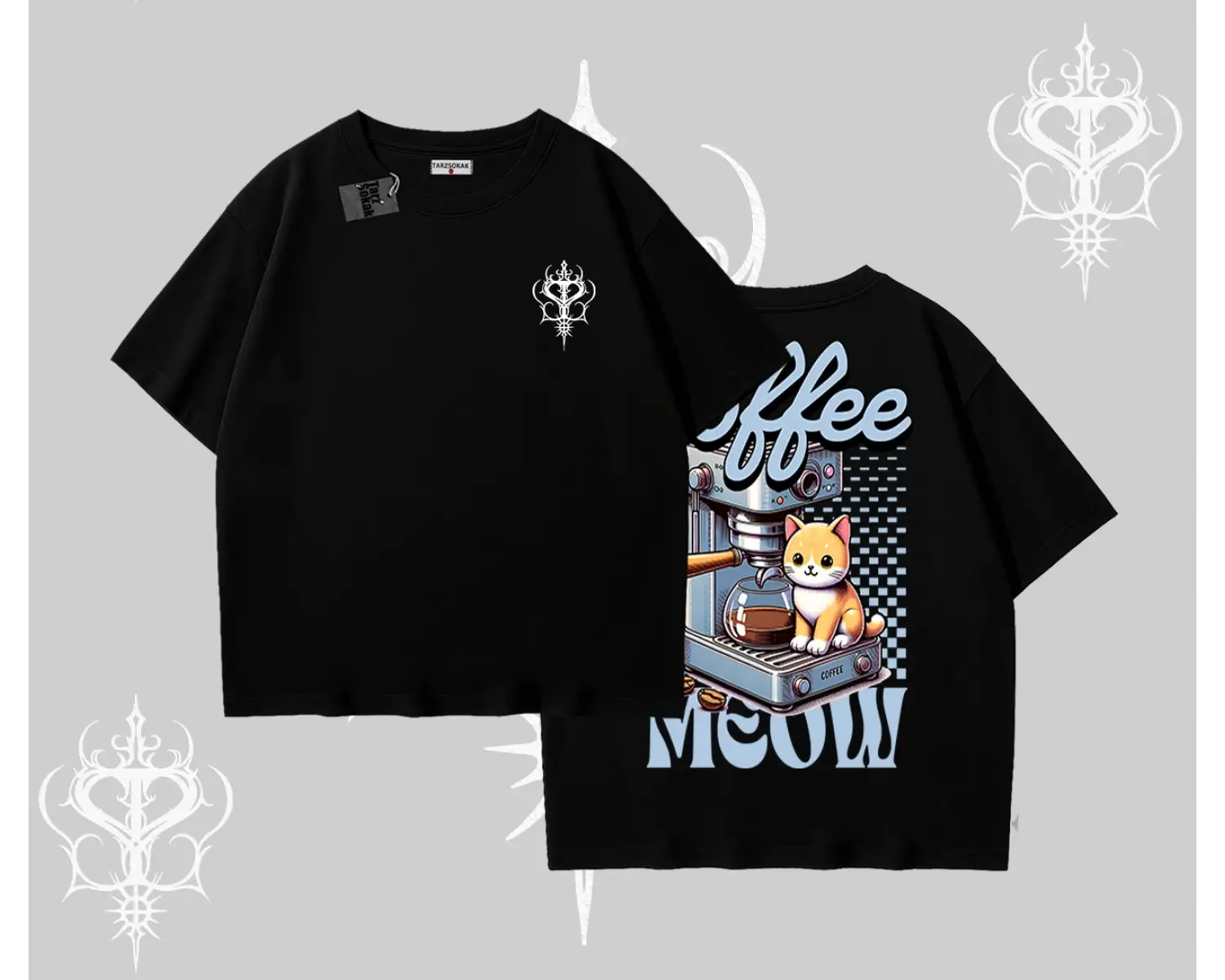 Coffee Meow Kahve Temalı Kedi Arka Baskılı Oversize Tshirt