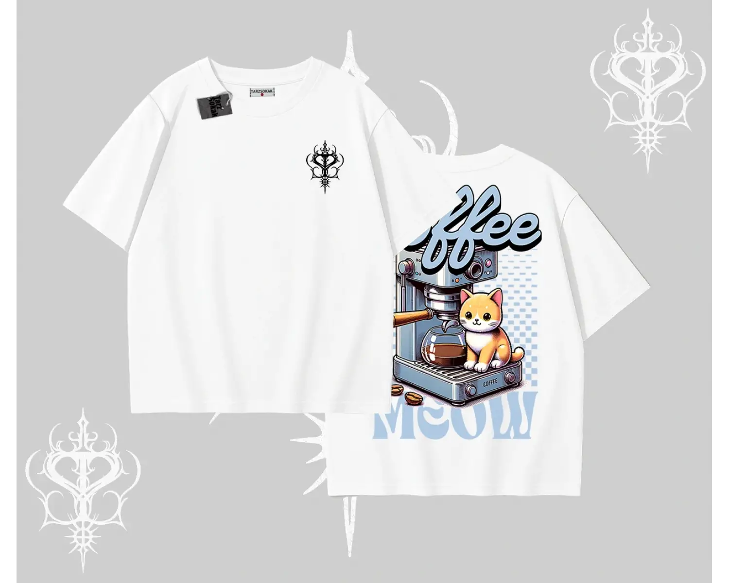 Coffee Meow Kahve Temalı Kedi Arka Baskılı Oversize Tshirt