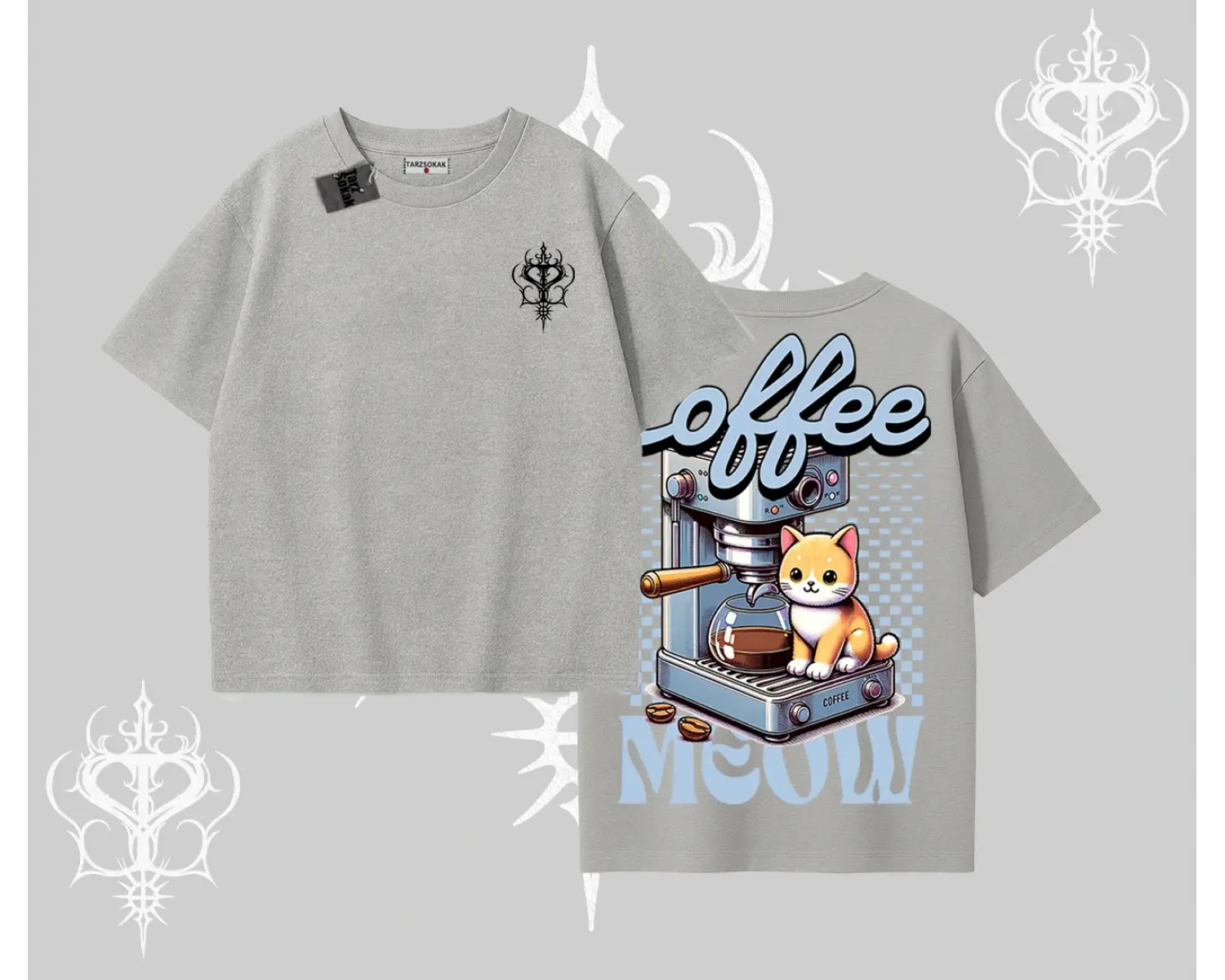 Coffee Meow Kahve Temalı Kedi Arka Baskılı Oversize Tshirt