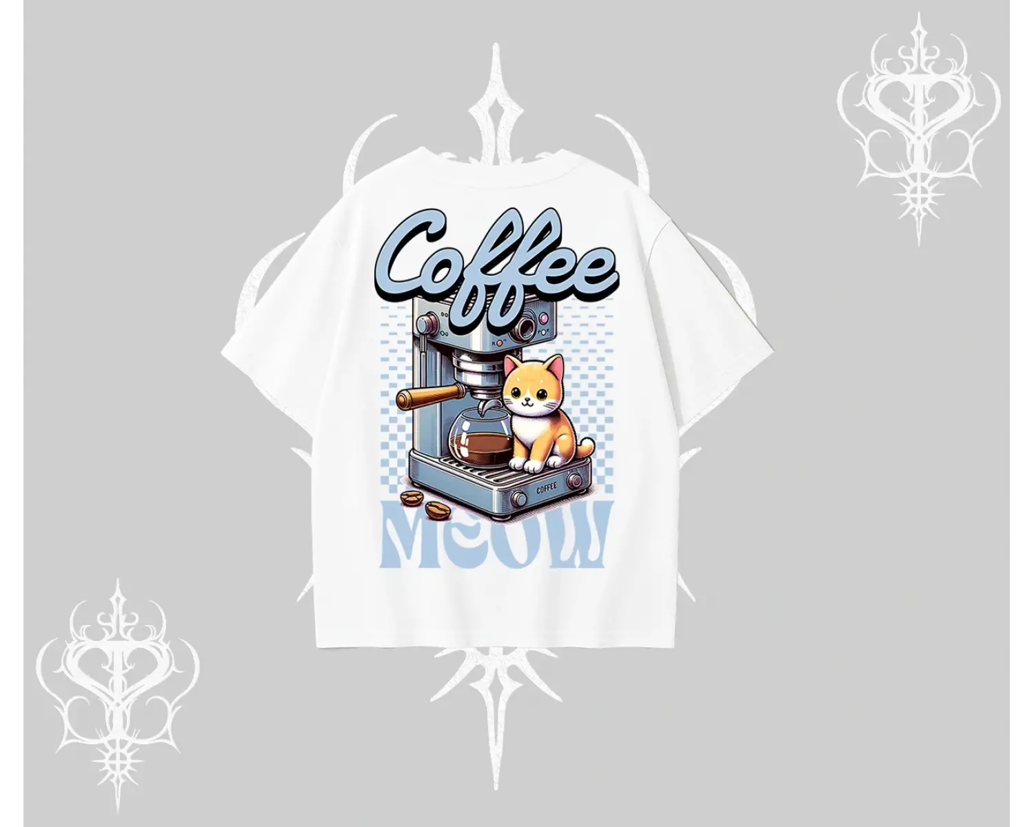 Coffee Meow Kahve Temalı Kedi Arka Baskılı Oversize Tshirt
