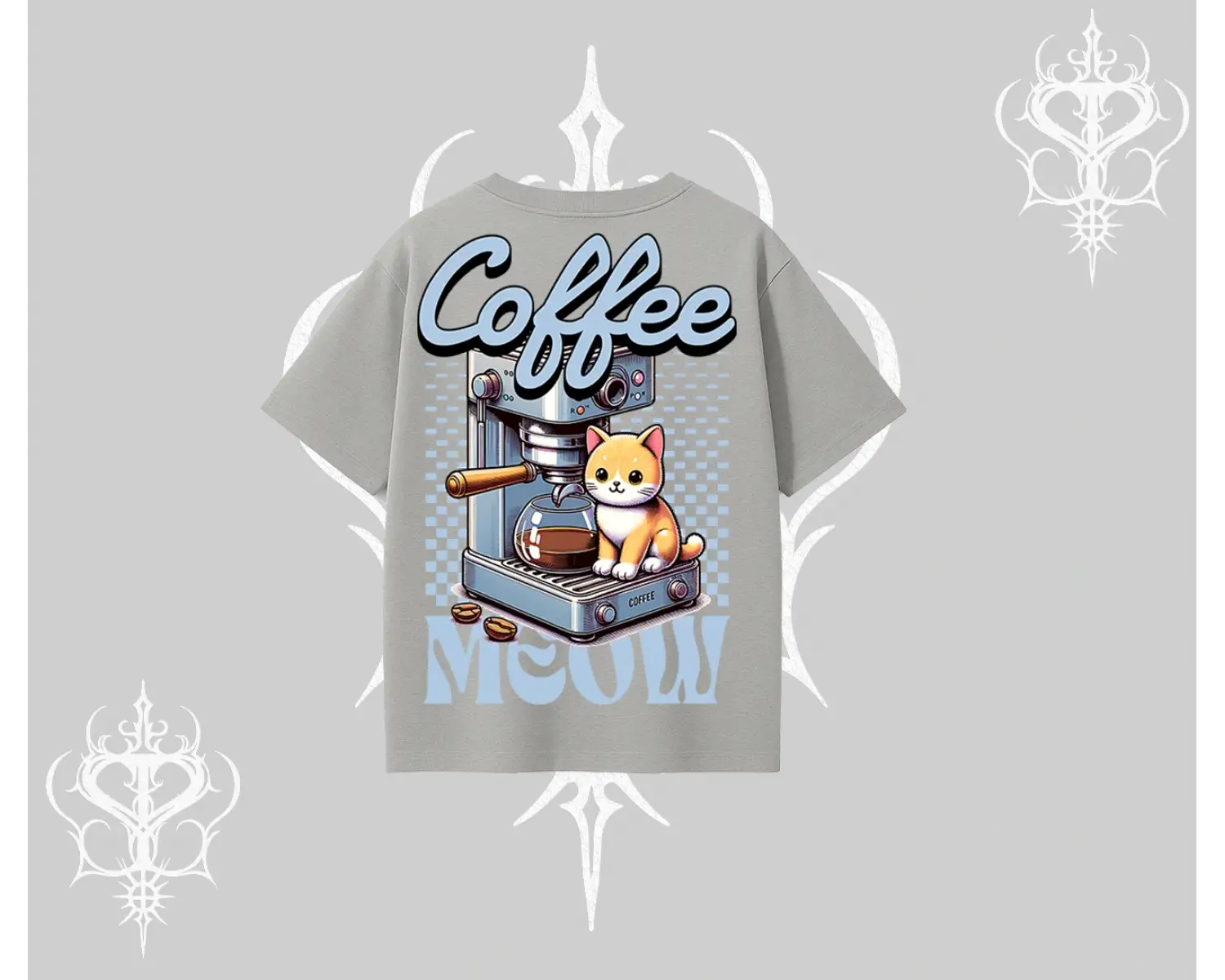 Coffee Meow Kahve Temalı Kedi Arka Baskılı Oversize Tshirt