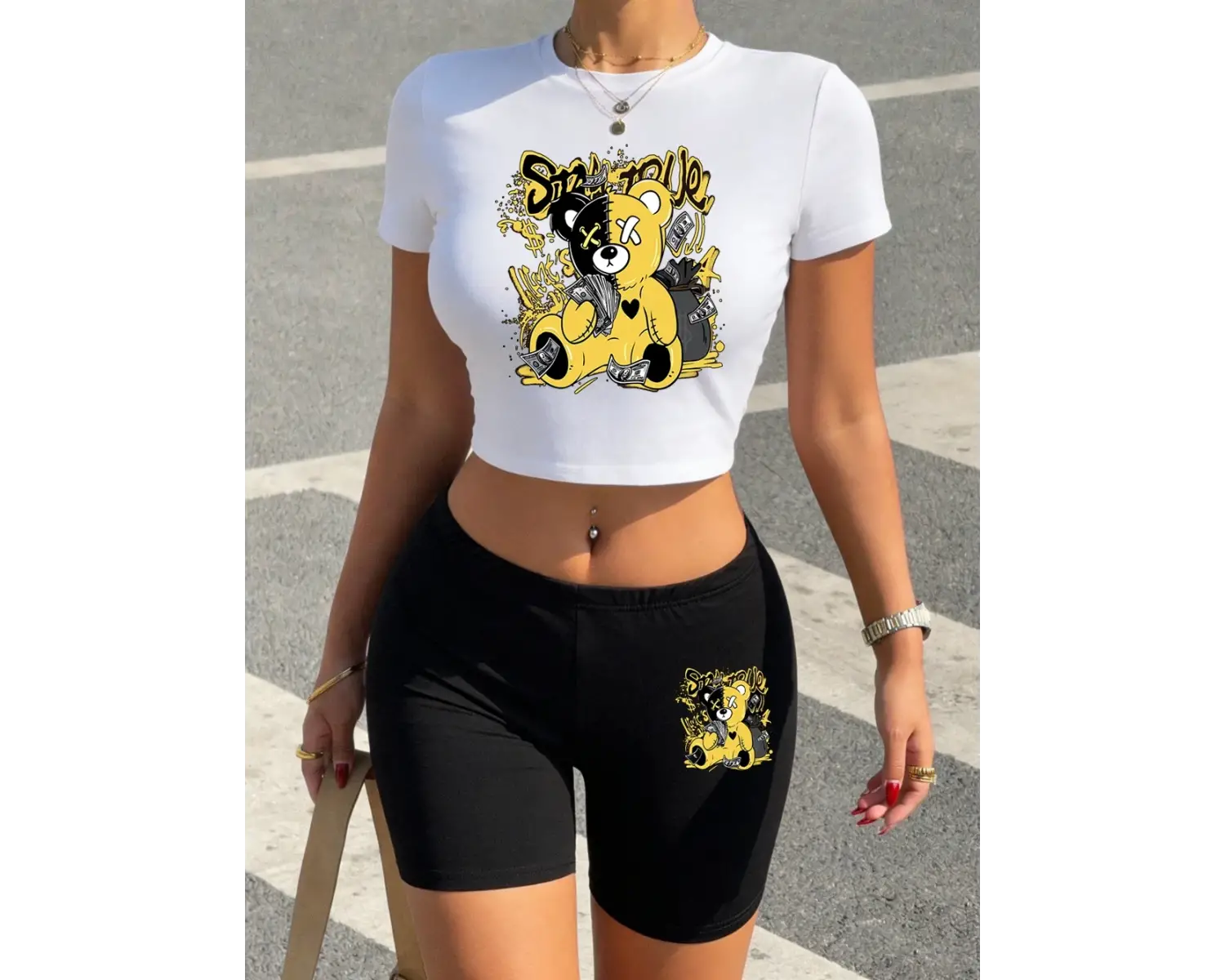 Çok Para Baskılı Seksi Ayı Desenli Babby Tee Şort Kadın Yazlık İki Parça Takım Tişört Pantolon