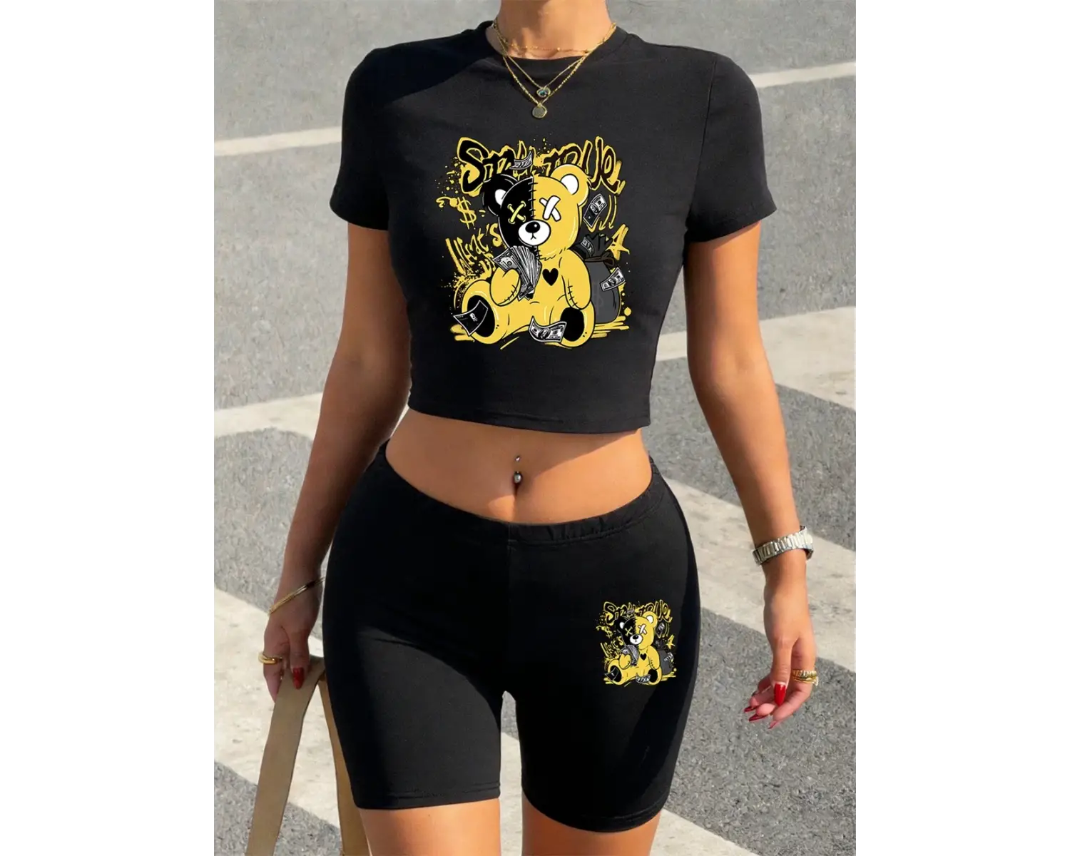 Çok Para Baskılı Seksi Ayı Desenli Babby Tee Şort Kadın Yazlık İki Parça Takım Tişört Pantolon