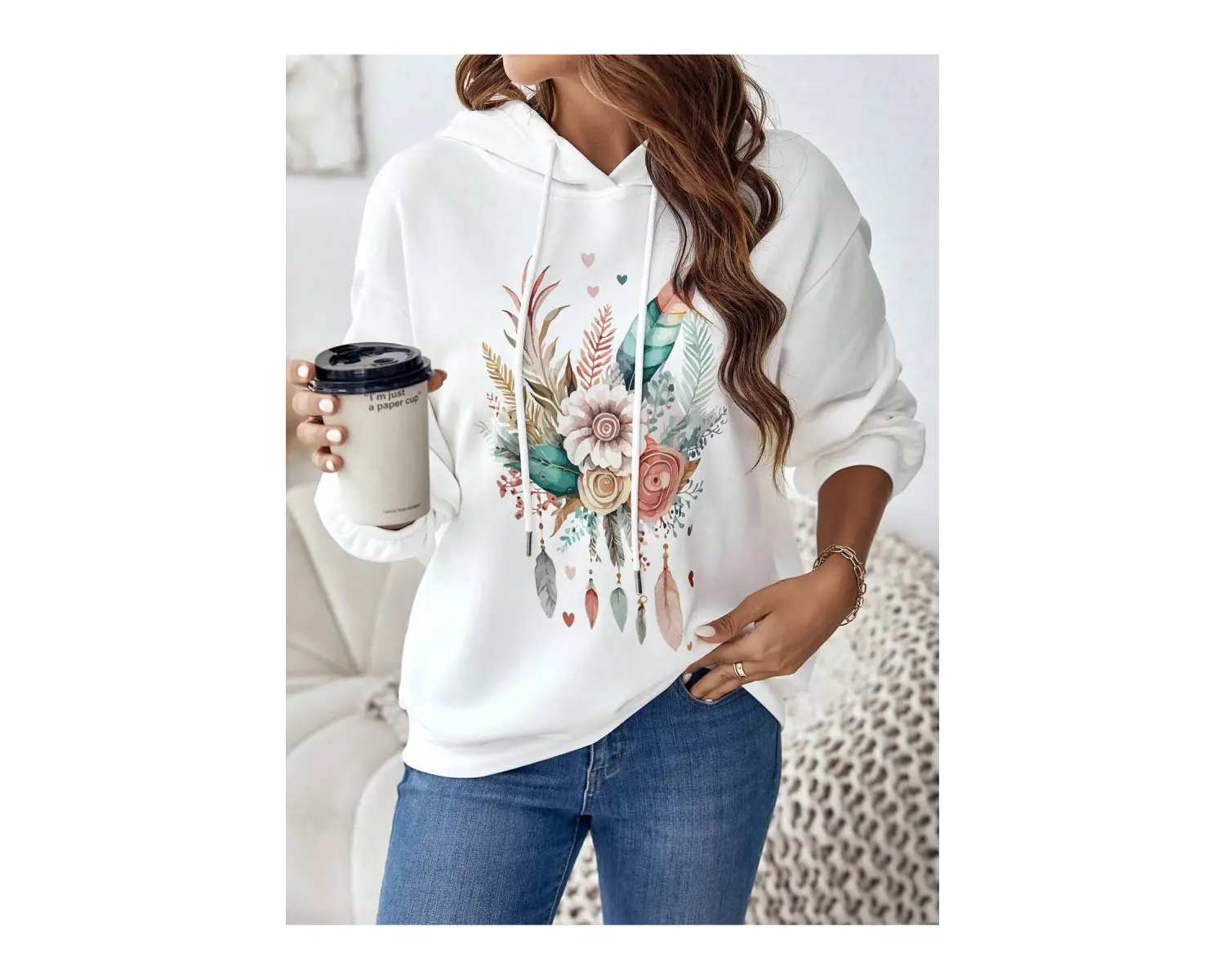Coke serisi Floral & Feather Print Drop Shoulder Drawstring Hoodie