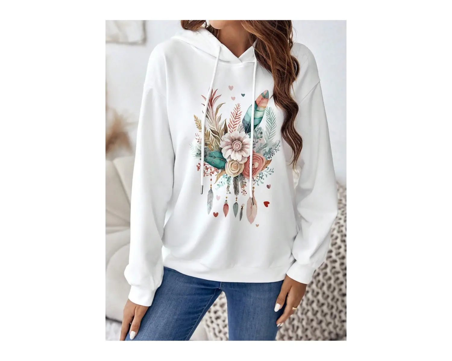 Coke serisi Floral & Feather Print Drop Shoulder Drawstring Hoodie