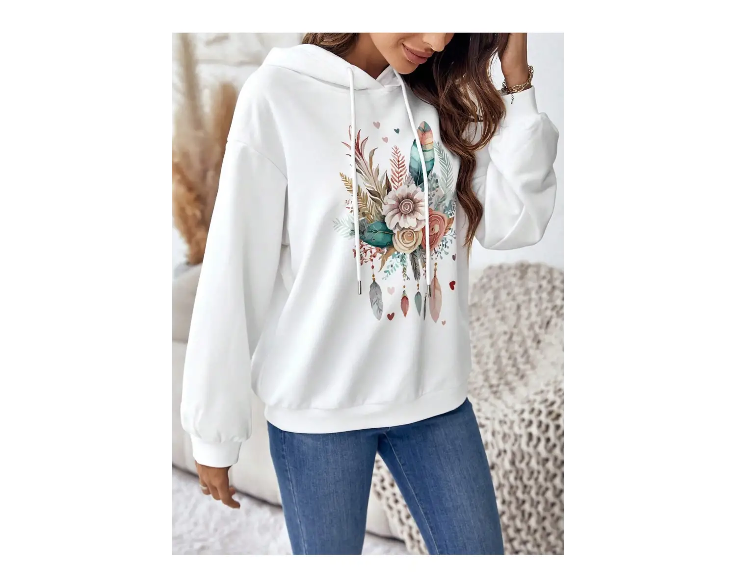 Coke serisi Floral & Feather Print Drop Shoulder Drawstring Hoodie