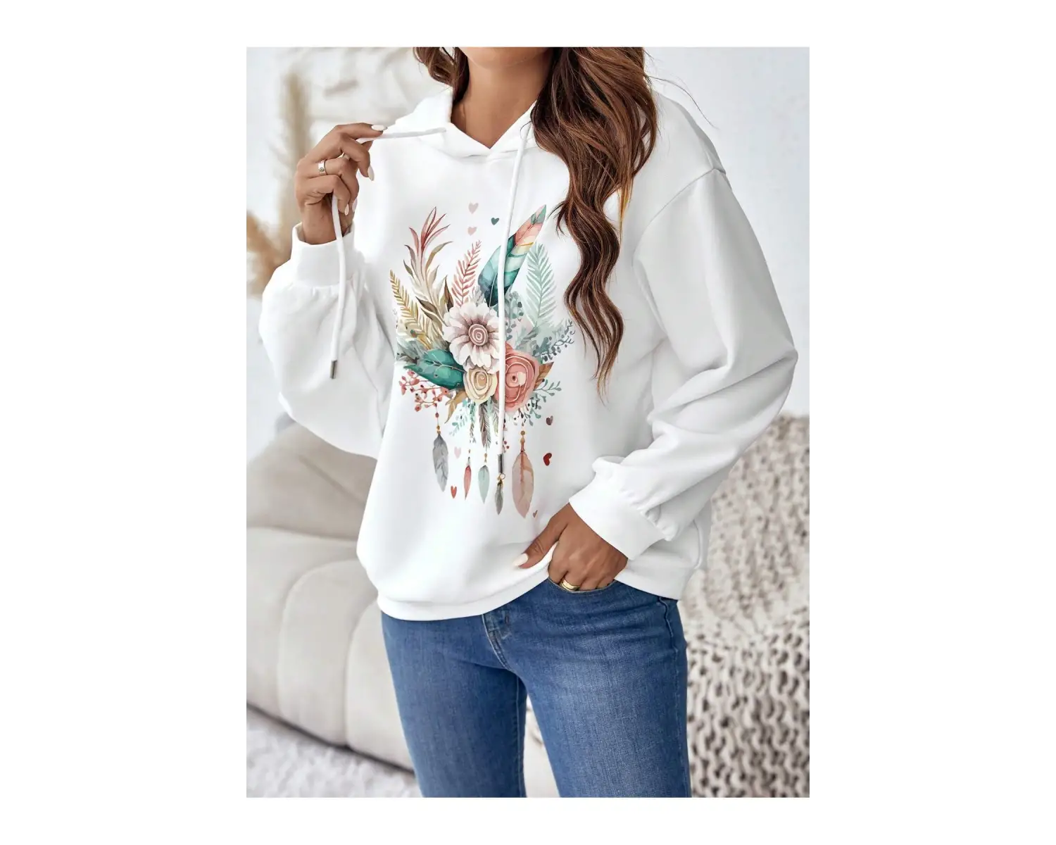 Coke serisi Floral & Feather Print Drop Shoulder Drawstring Hoodie