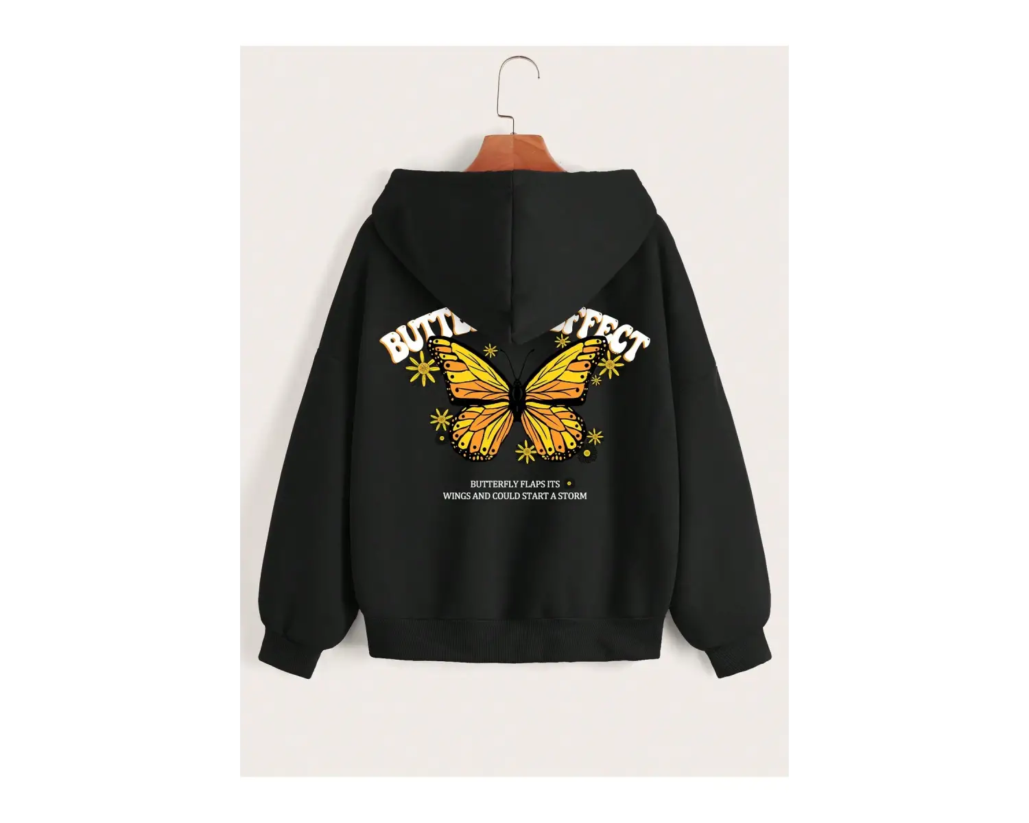 Coke serisi Slogan & Butterfly Print Drop Shoulder Drawstring Zipper Thermal Lined Hoodie
