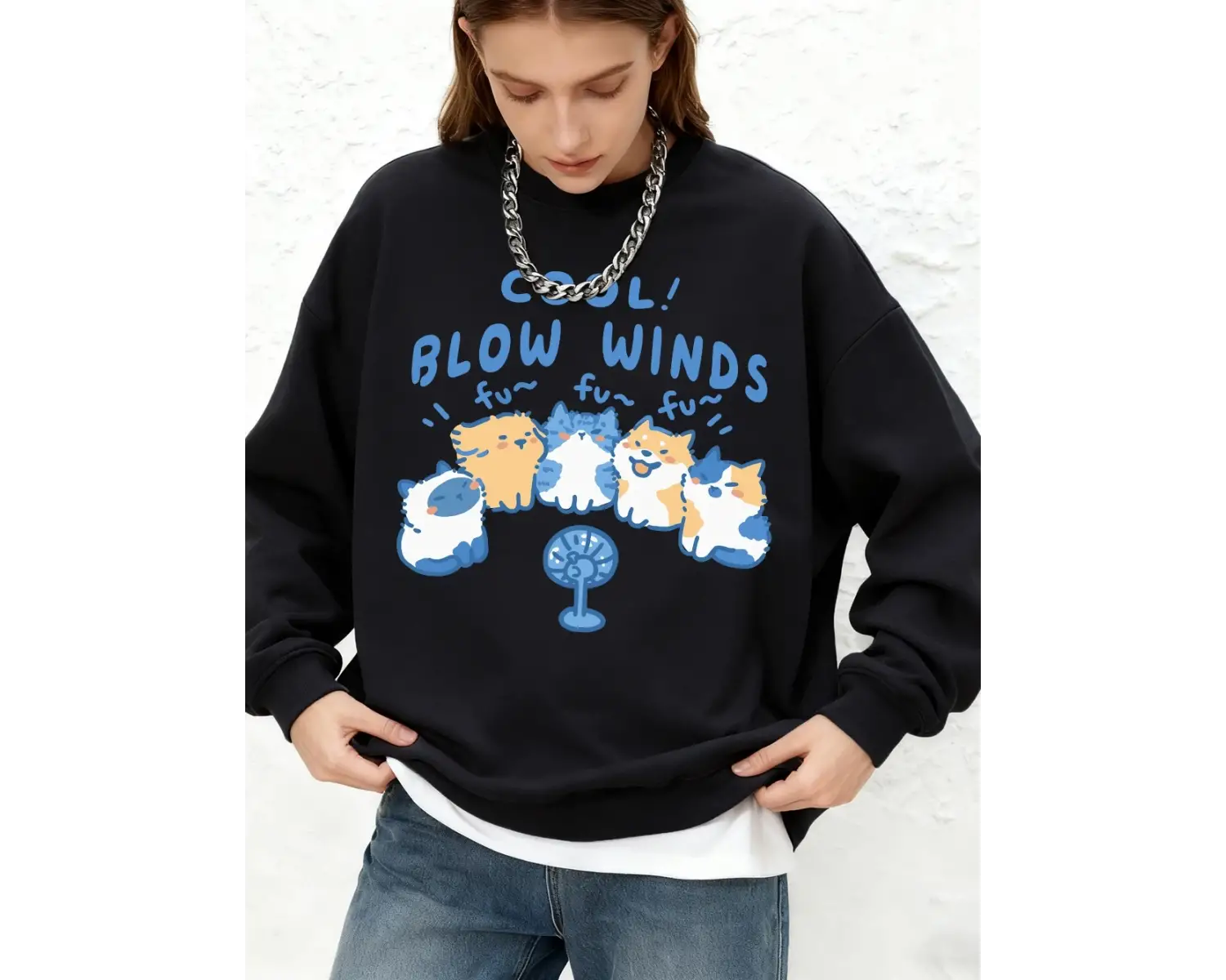 Cool Blow Winds Kedi Baskılı Kapüşonlular Kadın Kış Uzun Kollu O-Boyun Tişörtü Büyük Boy Jogg