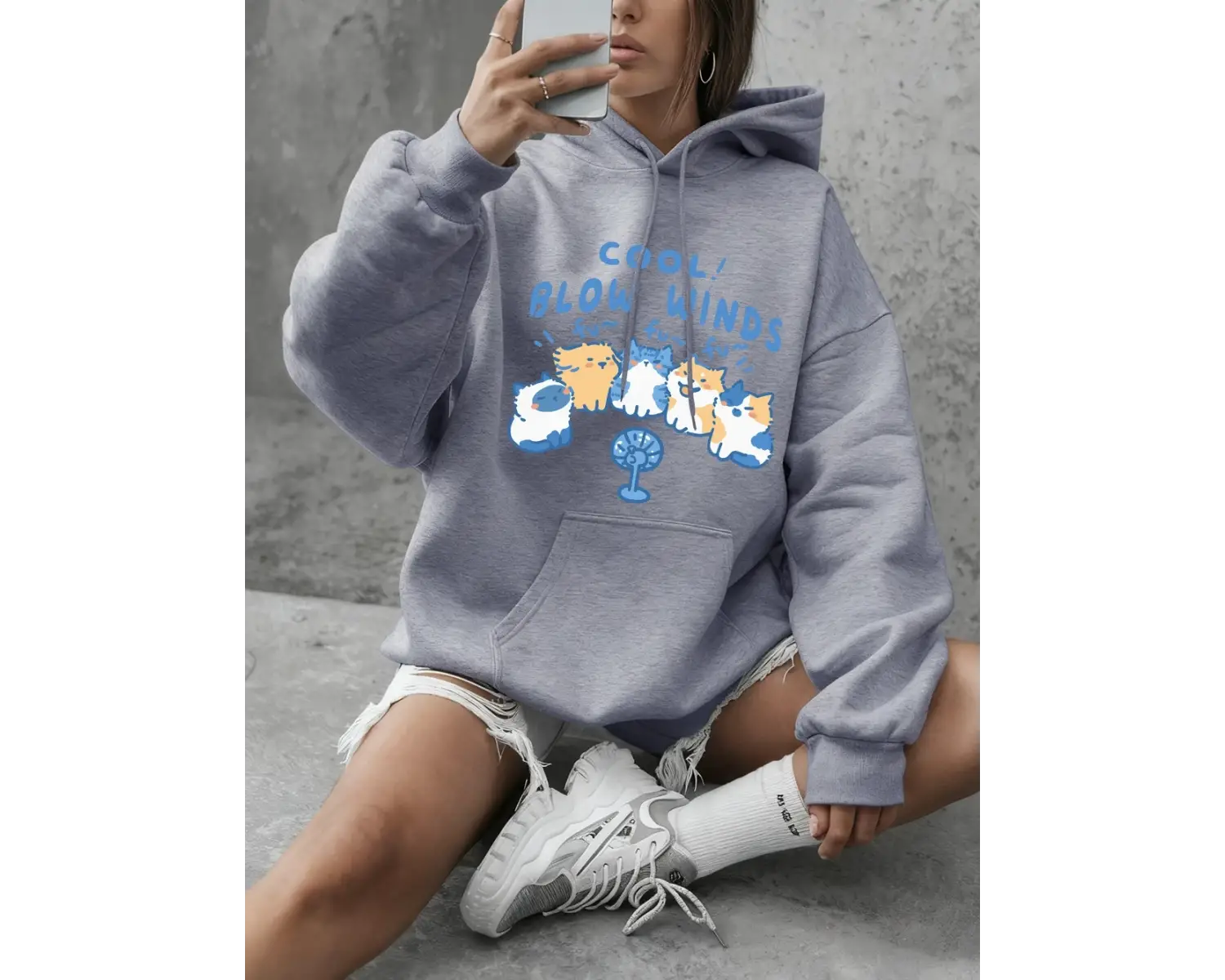 Cool Blow Winds Kedi Baskılı Tişörtü Bayan Temel Ürünler Bisiklet Yaka Kapüşonlular Günlük Bo