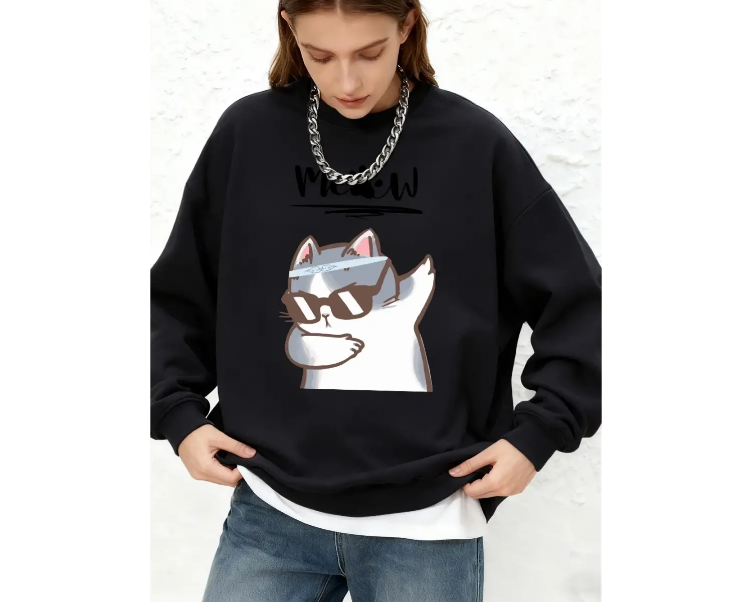 Cool Cat Karikatür Baskılı Kadın Kapüşonlu Üstü Basic Oversize Jogger Sweatshirt Kışlık Uzun