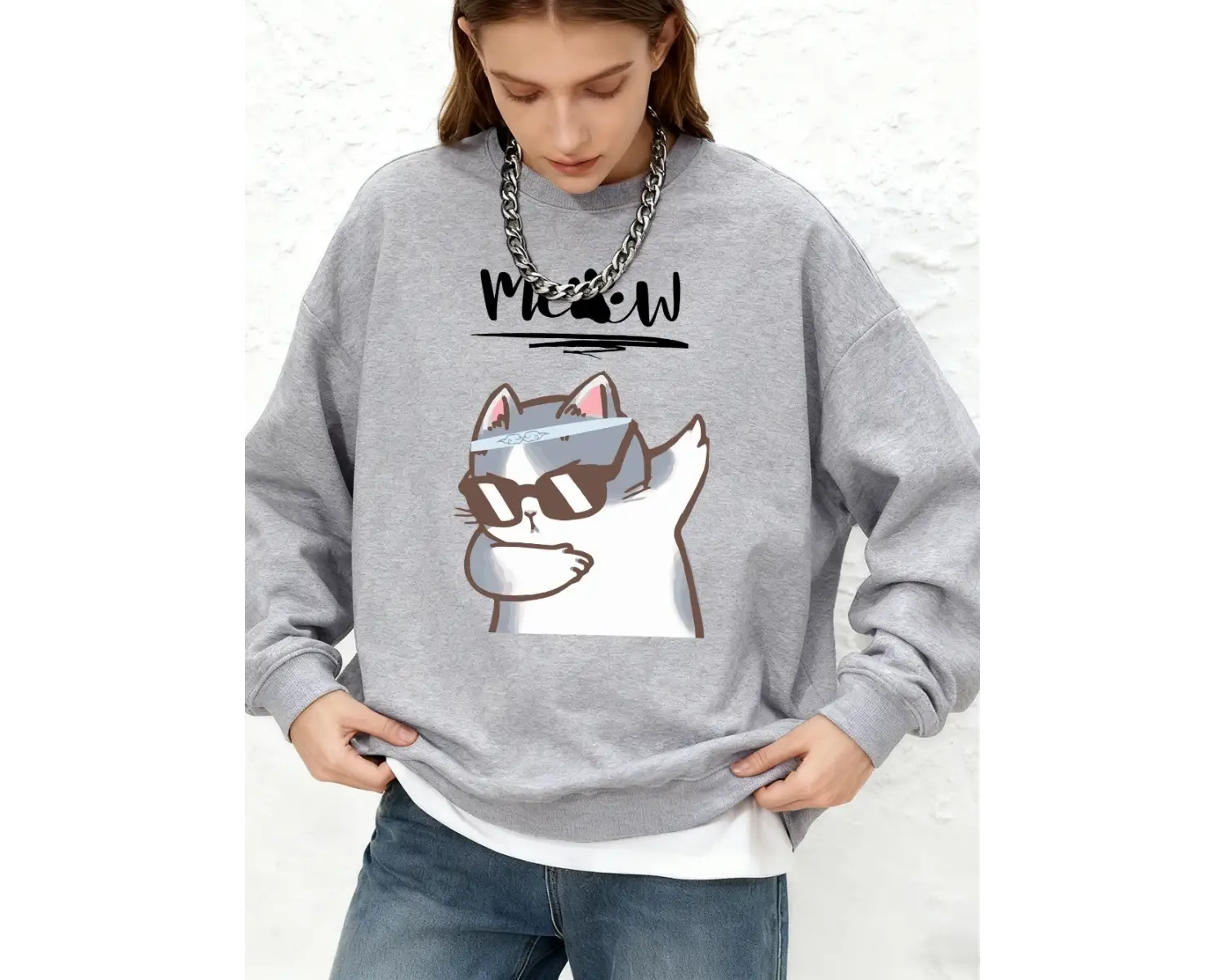 Cool Cat Karikatür Baskılı Kadın Kapüşonlu Üstü Basic Oversize Jogger Sweatshirt Kışlık Uzun