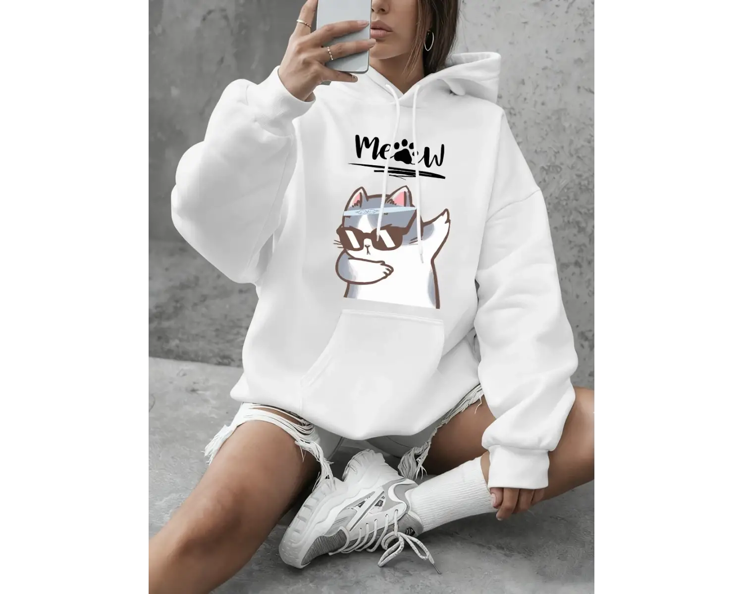 Cool Cat Karikatür Baskılı Kapüşonlu Üstler Kadın Temel Ürünleri Bisiklet Yaka Tişörtü Günlük