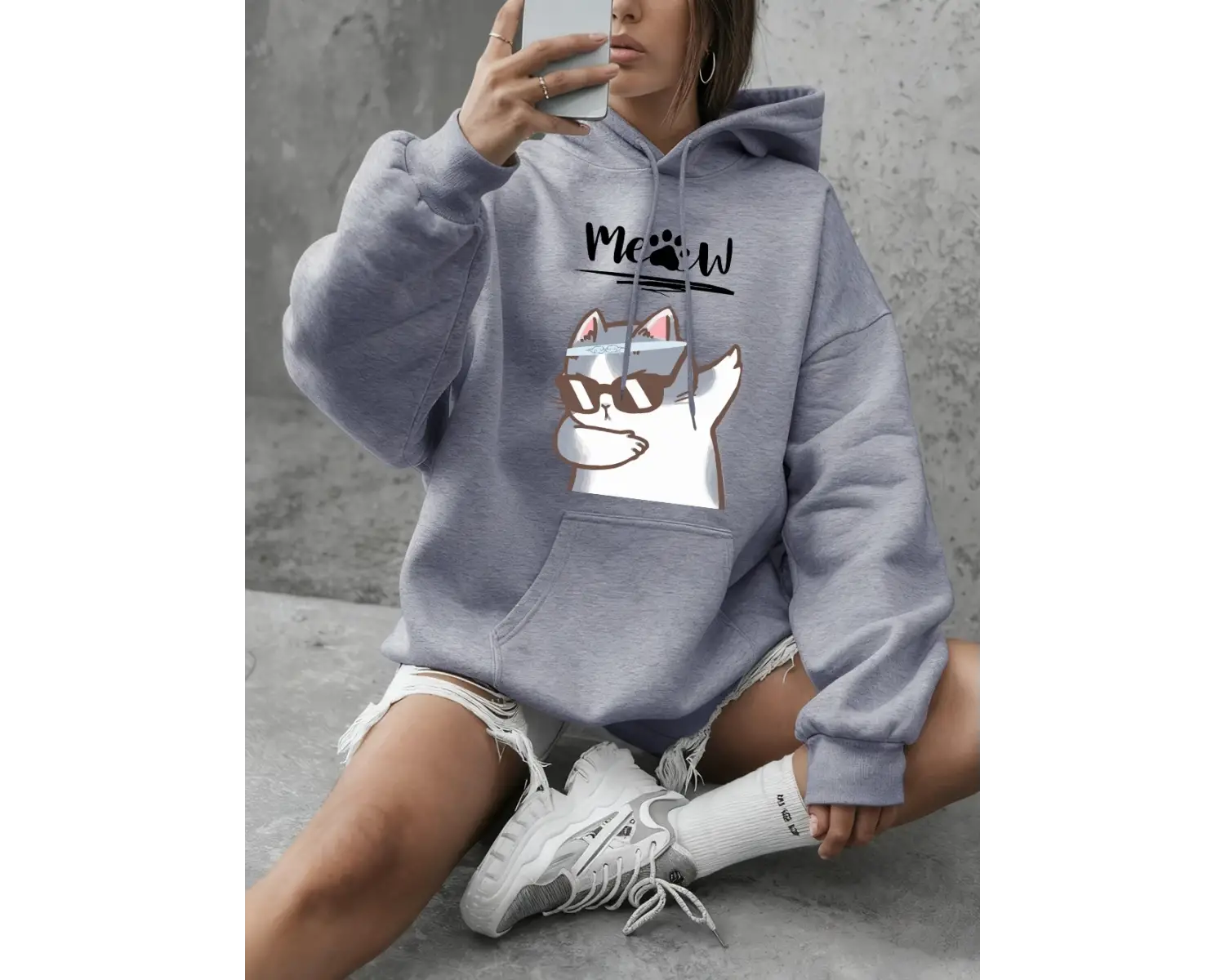 Cool Cat Karikatür Baskılı Kapüşonlu Üstler Kadın Temel Ürünleri Bisiklet Yaka Tişörtü Günlük