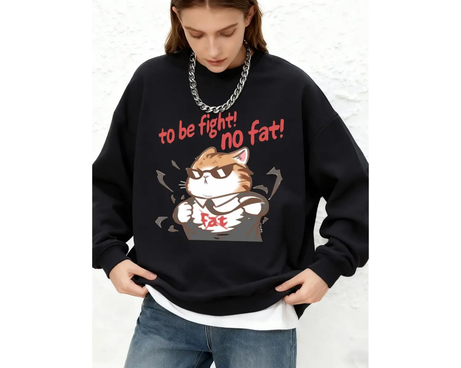 Cool Fight Fat Cat Baskılı Sweatshirt Kadın Günlük Jogger Sıcak Kapüşonlu Sonbahar Yuvarlak Y