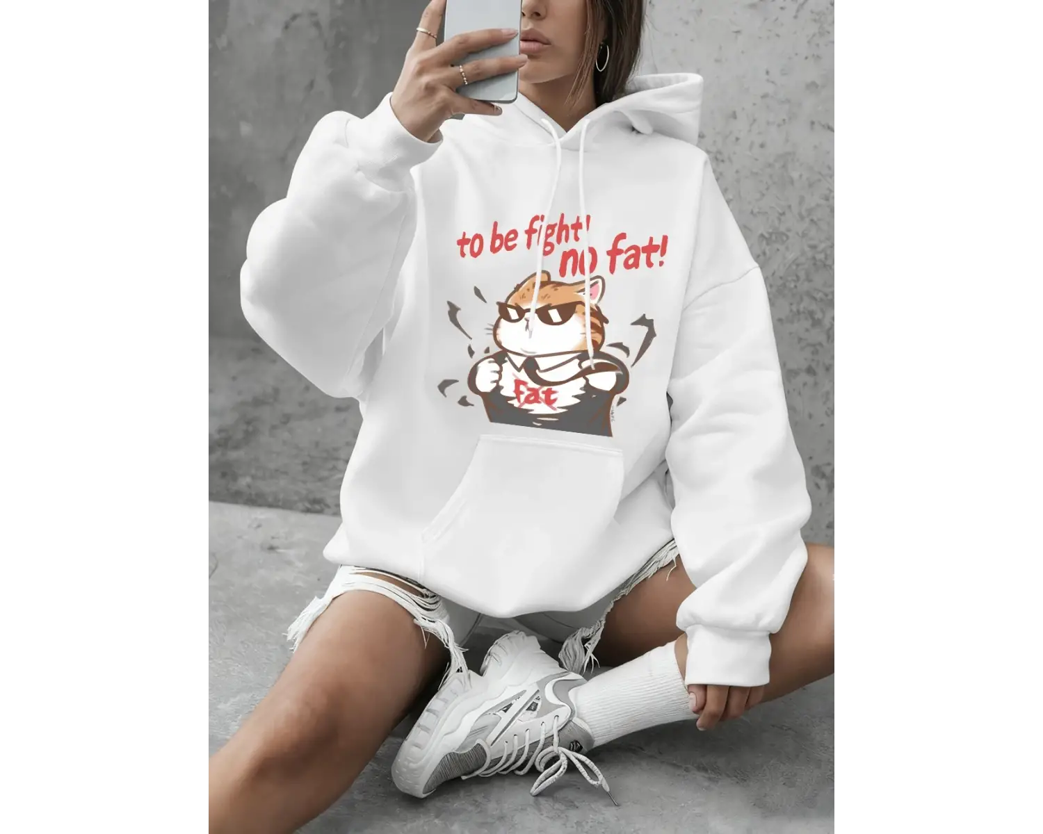 Cool Fight Fat Cat Baskılı Tişörtü Kadın Kışlık Polar Sıcak Kapüşonlu Üstler Temel Bisiklet Y