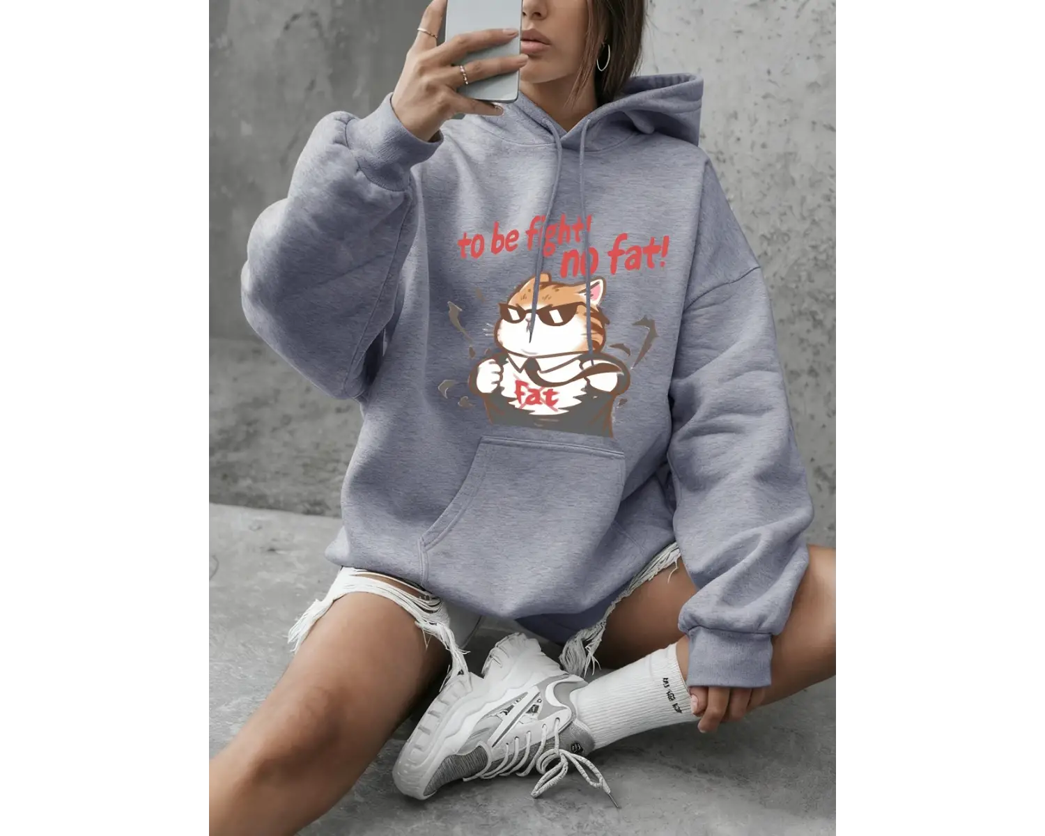 Cool Fight Fat Cat Baskılı Tişörtü Kadın Kışlık Polar Sıcak Kapüşonlu Üstler Temel Bisiklet Y