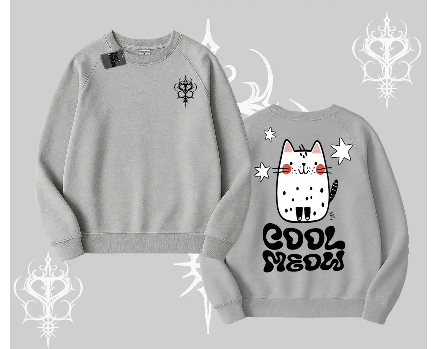 Cool Meow Yazılı Sevimli Kedi Arka Baskılı Biskilet Sweatshirt