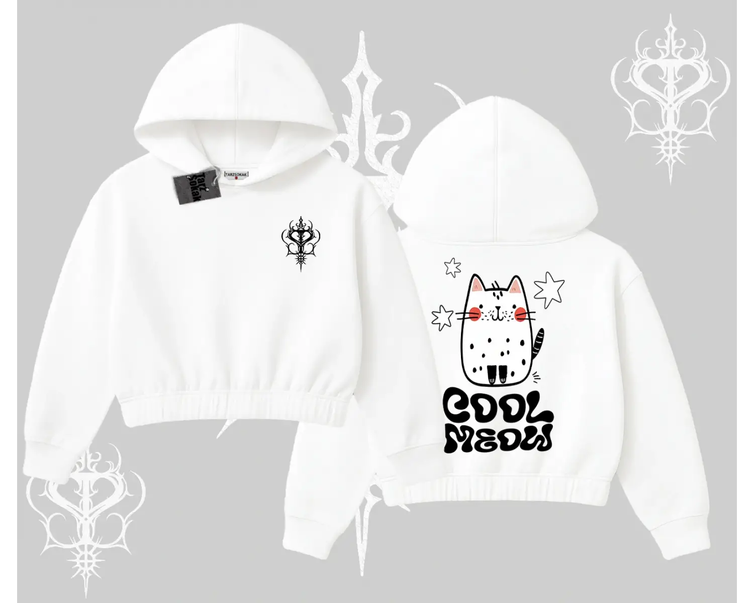 Cool Meow Yazılı Sevimli Kedi Arka Baskılı Kapşonlu Crop Sweatshirt