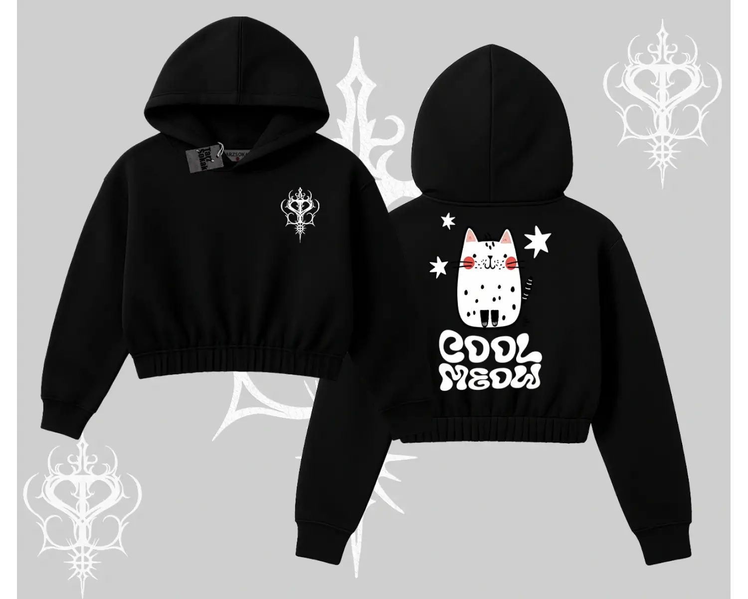 Cool Meow Yazılı Sevimli Kedi Arka Baskılı Kapşonlu Crop Sweatshirt