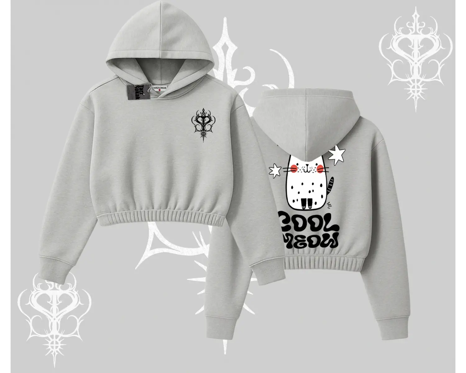 Cool Meow Yazılı Sevimli Kedi Arka Baskılı Kapşonlu Crop Sweatshirt