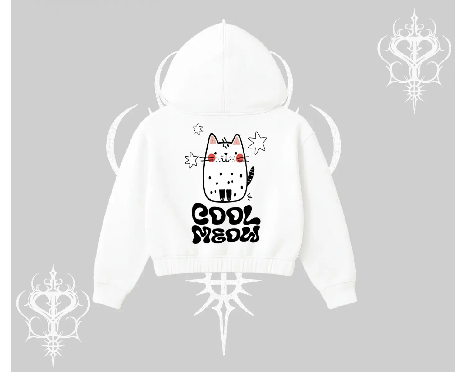 Cool Meow Yazılı Sevimli Kedi Arka Baskılı Kapşonlu Crop Sweatshirt