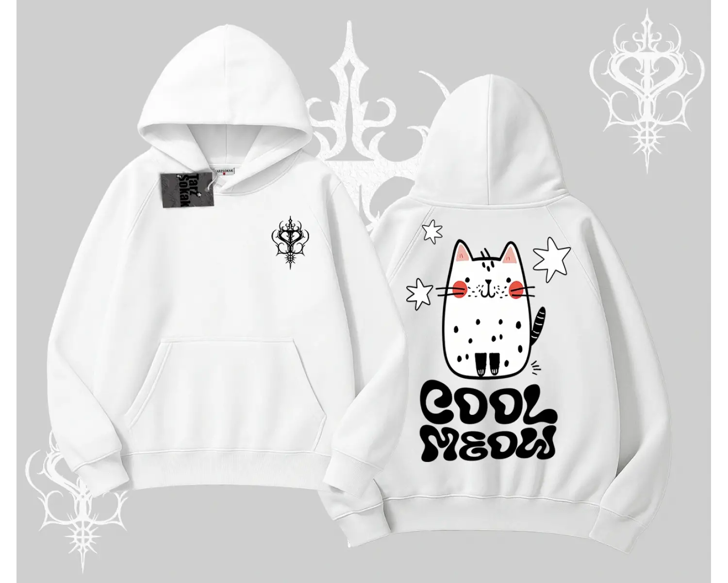 Cool Meow Yazılı Sevimli Kedi Arka Baskılı Kapşonlu Sweatshirt
