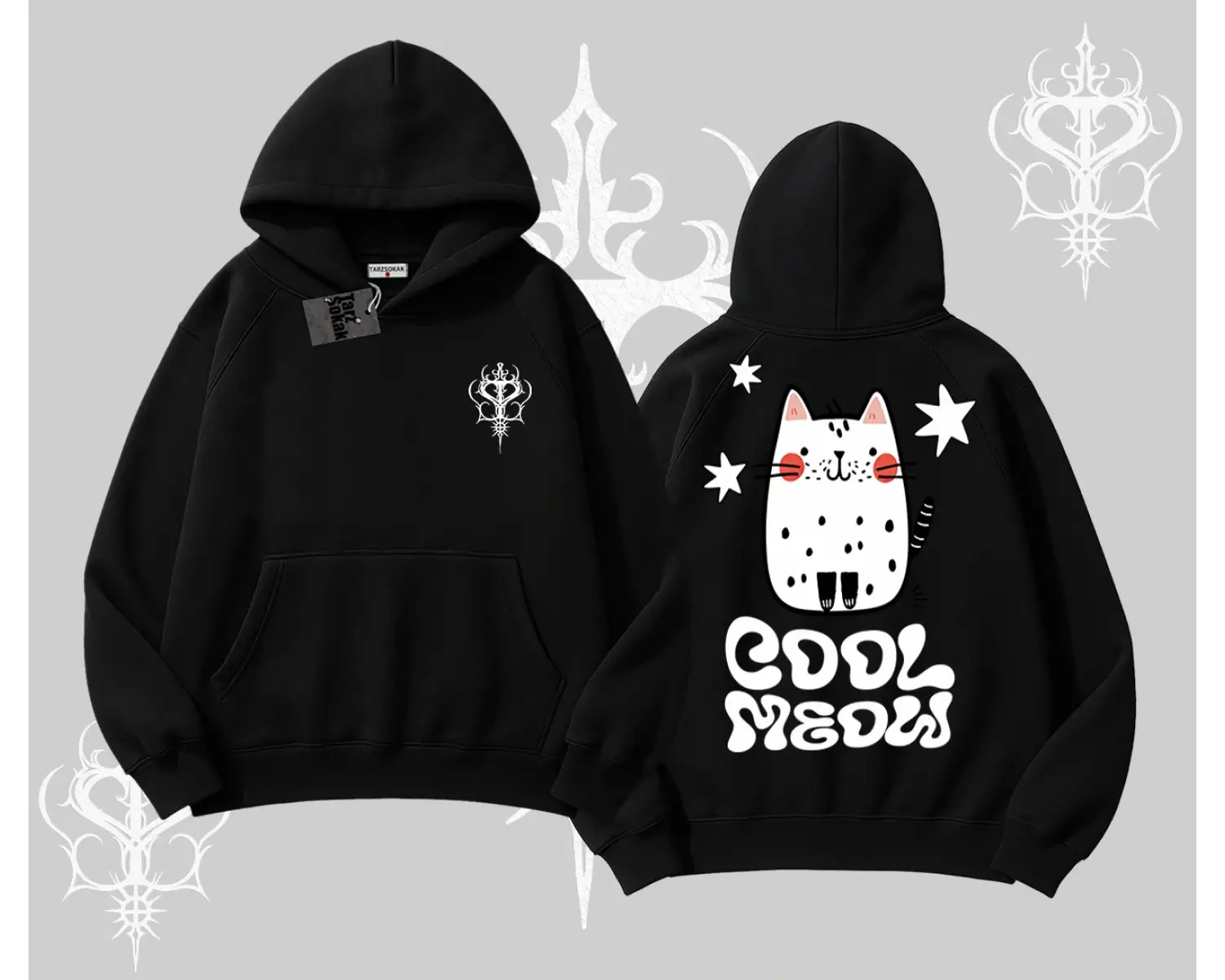 Cool Meow Yazılı Sevimli Kedi Arka Baskılı Kapşonlu Sweatshirt