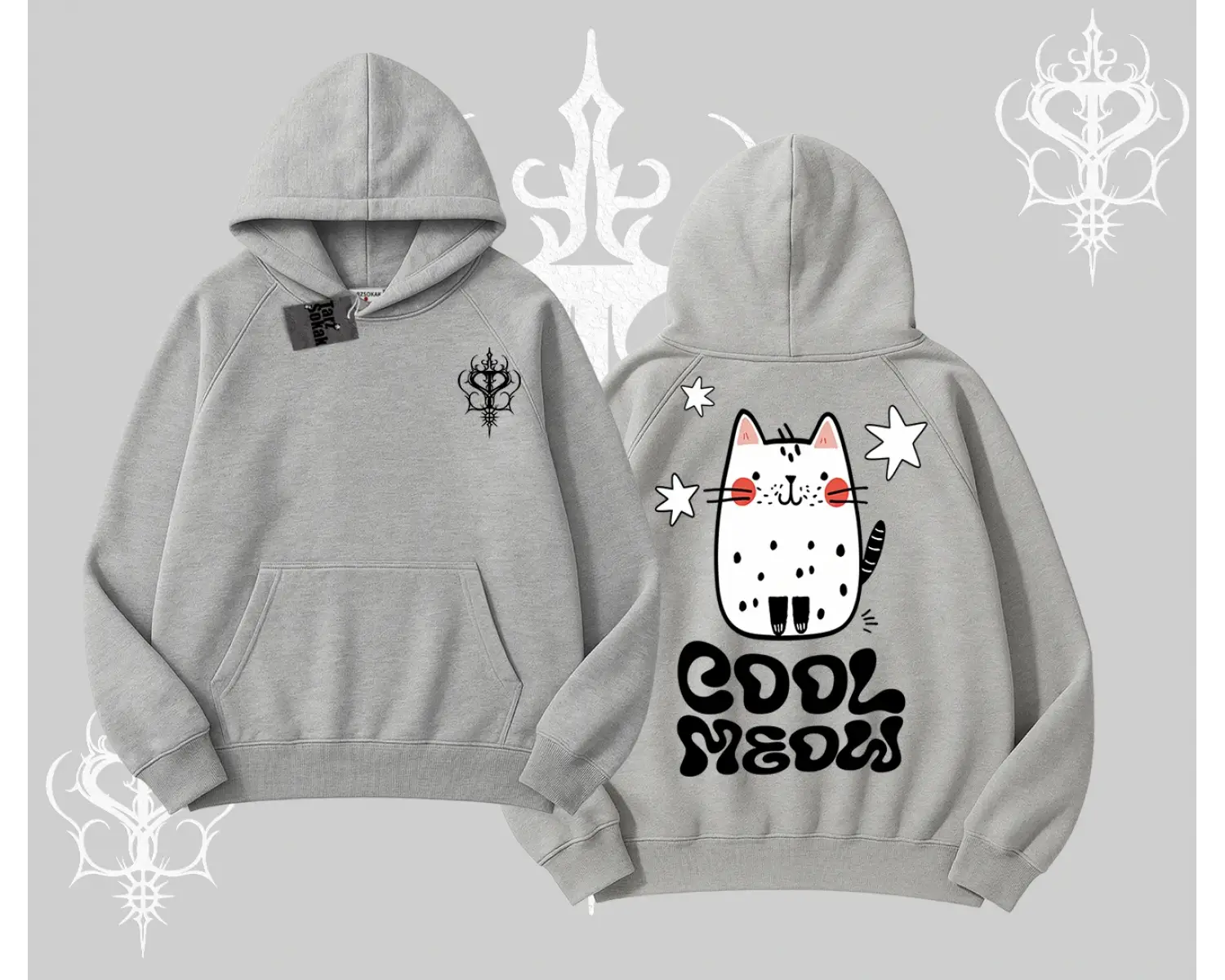Cool Meow Yazılı Sevimli Kedi Arka Baskılı Kapşonlu Sweatshirt