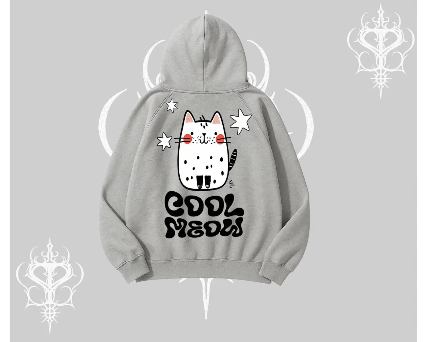 Cool Meow Yazılı Sevimli Kedi Arka Baskılı Kapşonlu Sweatshirt