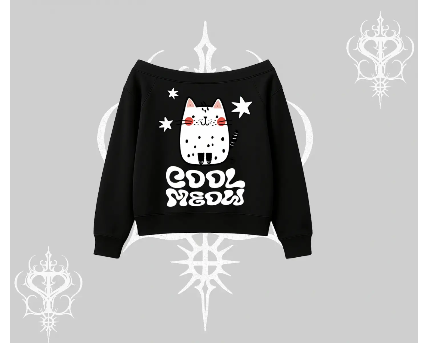 Cool Meow Yazılı Sevimli Kedi Arka Baskılı Kayık Yaka Sweatshirt