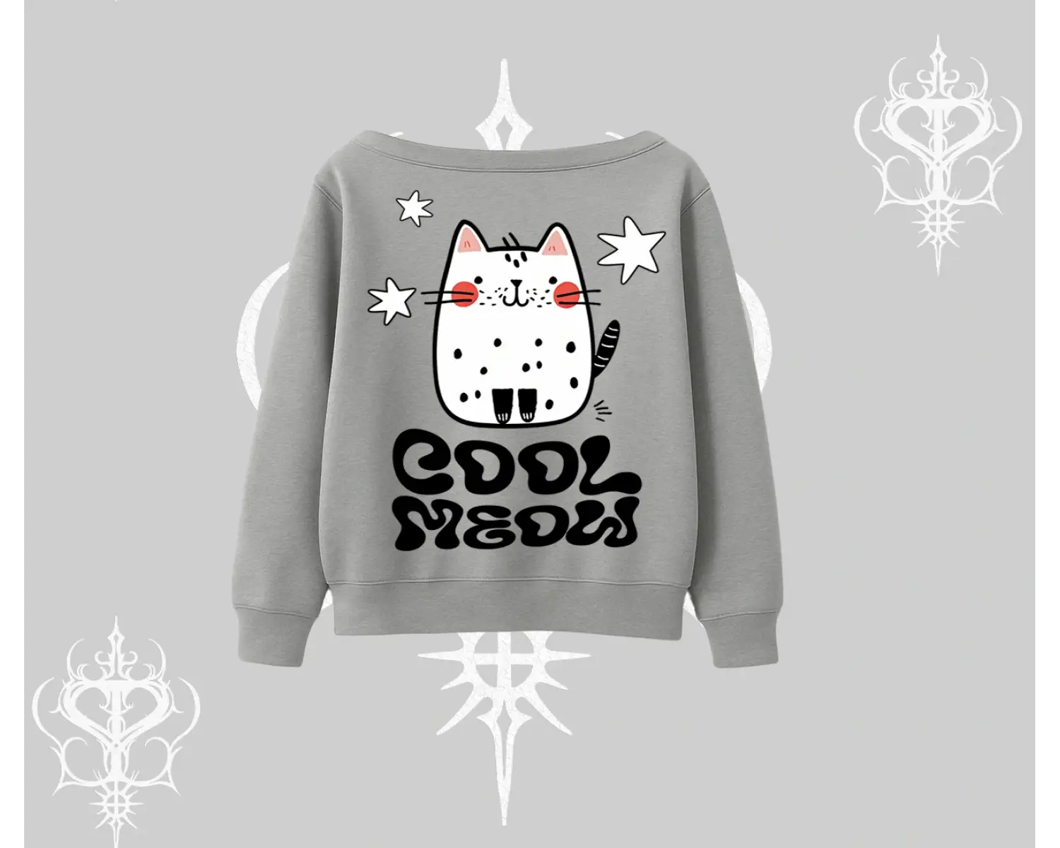Cool Meow Yazılı Sevimli Kedi Arka Baskılı Kayık Yaka Sweatshirt