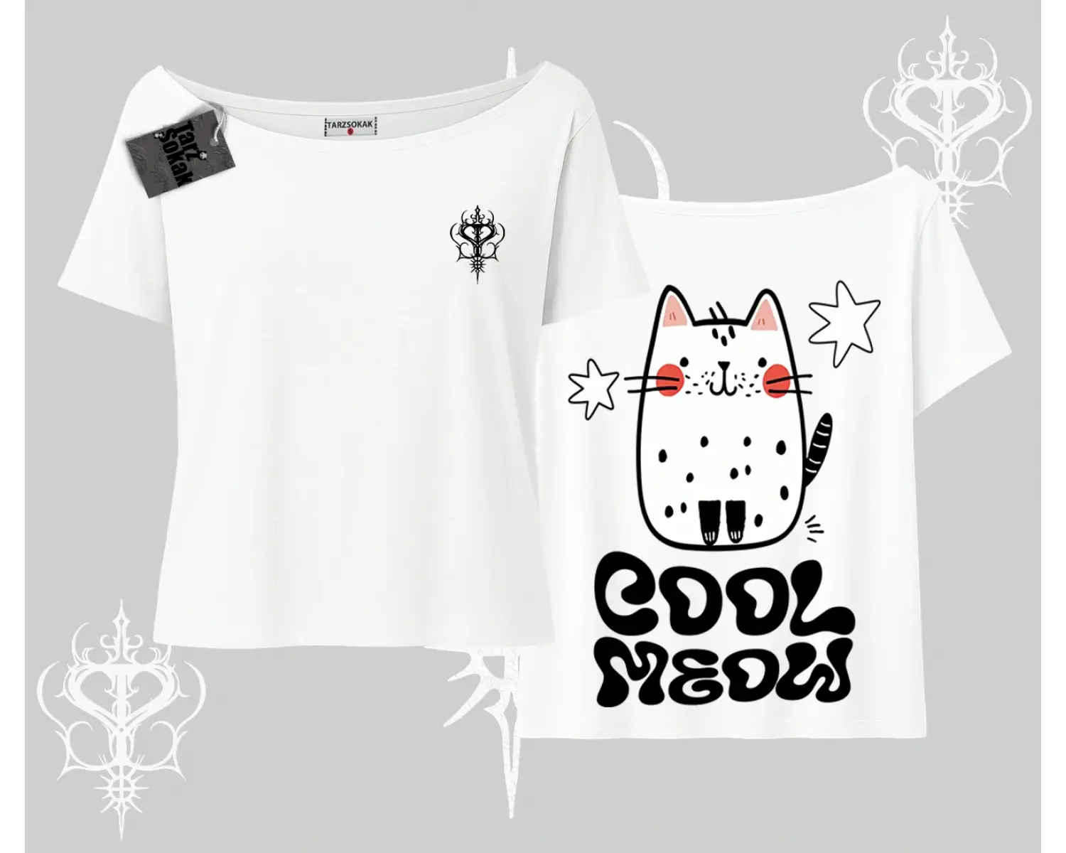 Cool Meow Yazılı Sevimli Kedi Arka Baskılı Kayık Yaka Tshirt