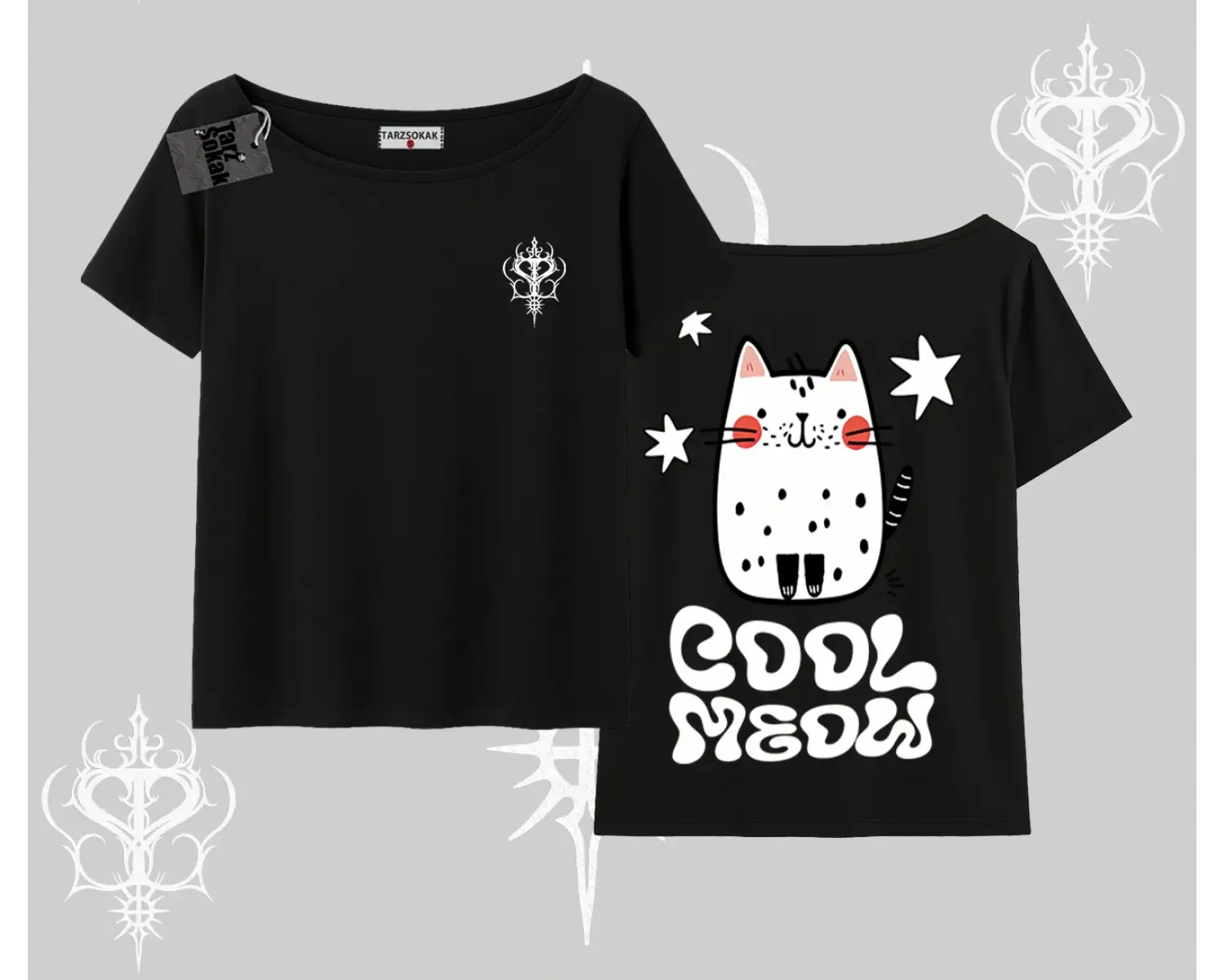 Cool Meow Yazılı Sevimli Kedi Arka Baskılı Kayık Yaka Tshirt