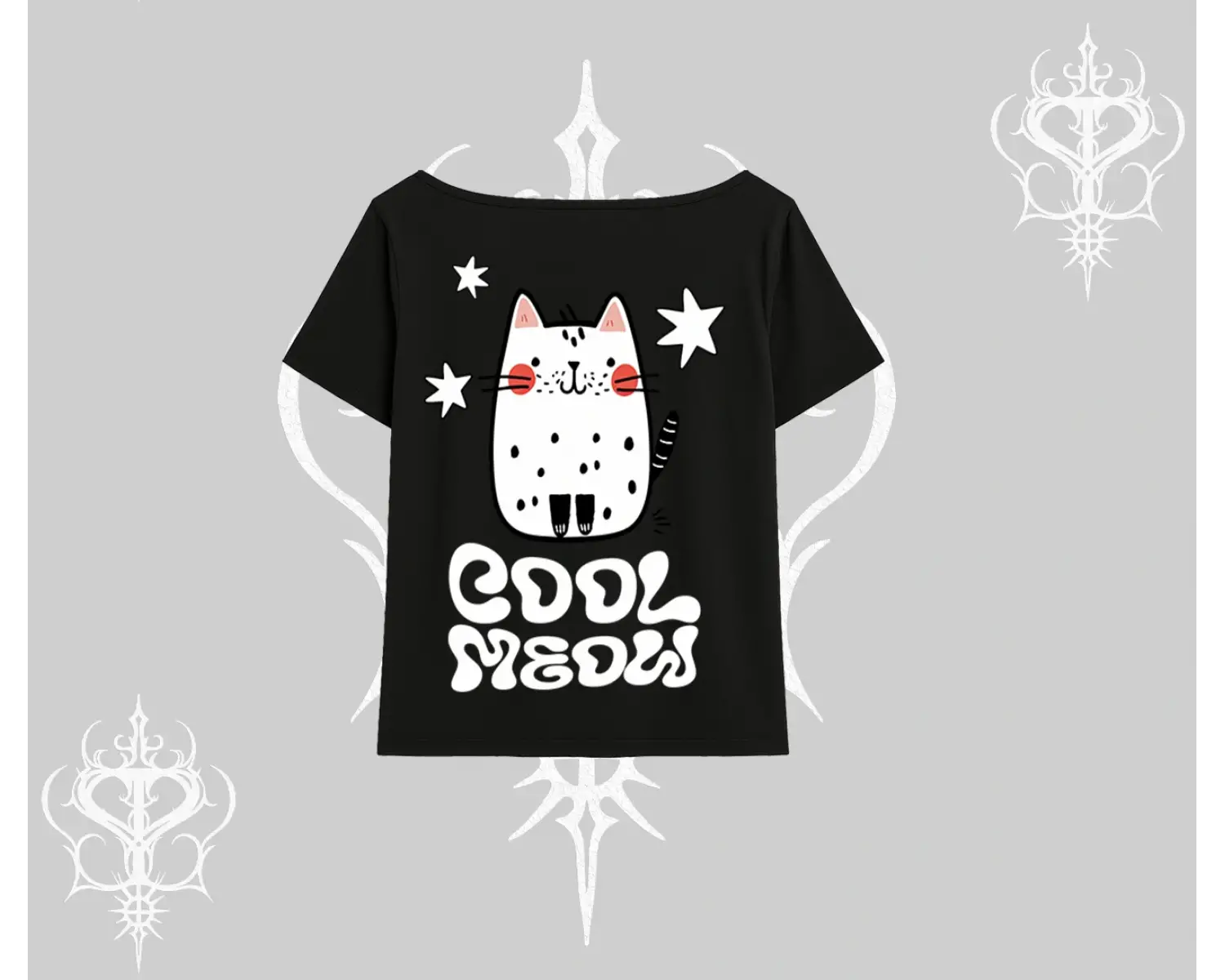 Cool Meow Yazılı Sevimli Kedi Arka Baskılı Kayık Yaka Tshirt