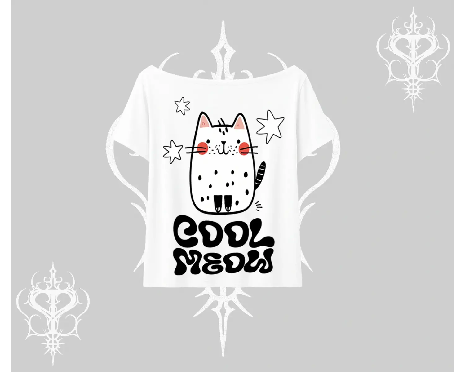 Cool Meow Yazılı Sevimli Kedi Arka Baskılı Kayık Yaka Tshirt